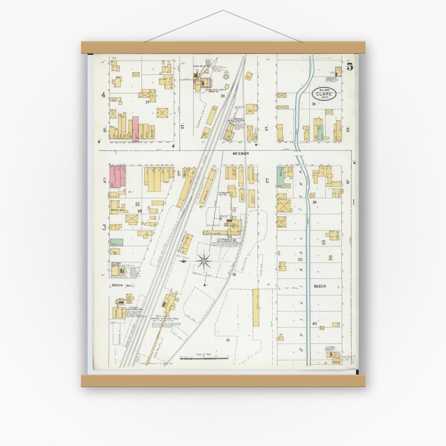 Old map wall art mockup — magnetic wood frame on white wall — Sanborn Fire Insurance Map from Clare, Clare County, Michigan (1899), Sheet #0005