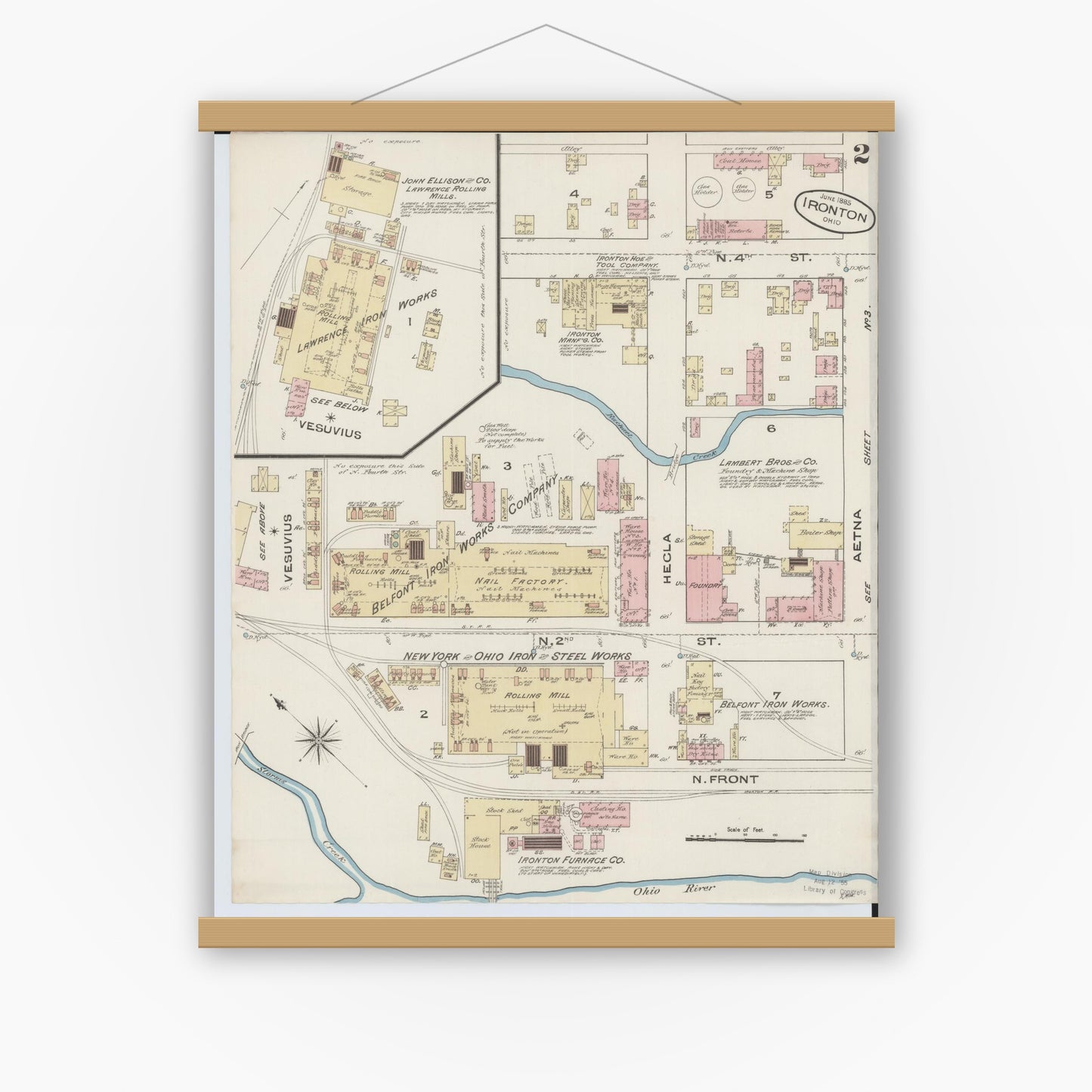 Old map wall art mockup — magnetic wood frame on white wall — Sanborn Fire Insurance Map from Ironton, Lawrence County, Ohio (1885), Sheet #0002