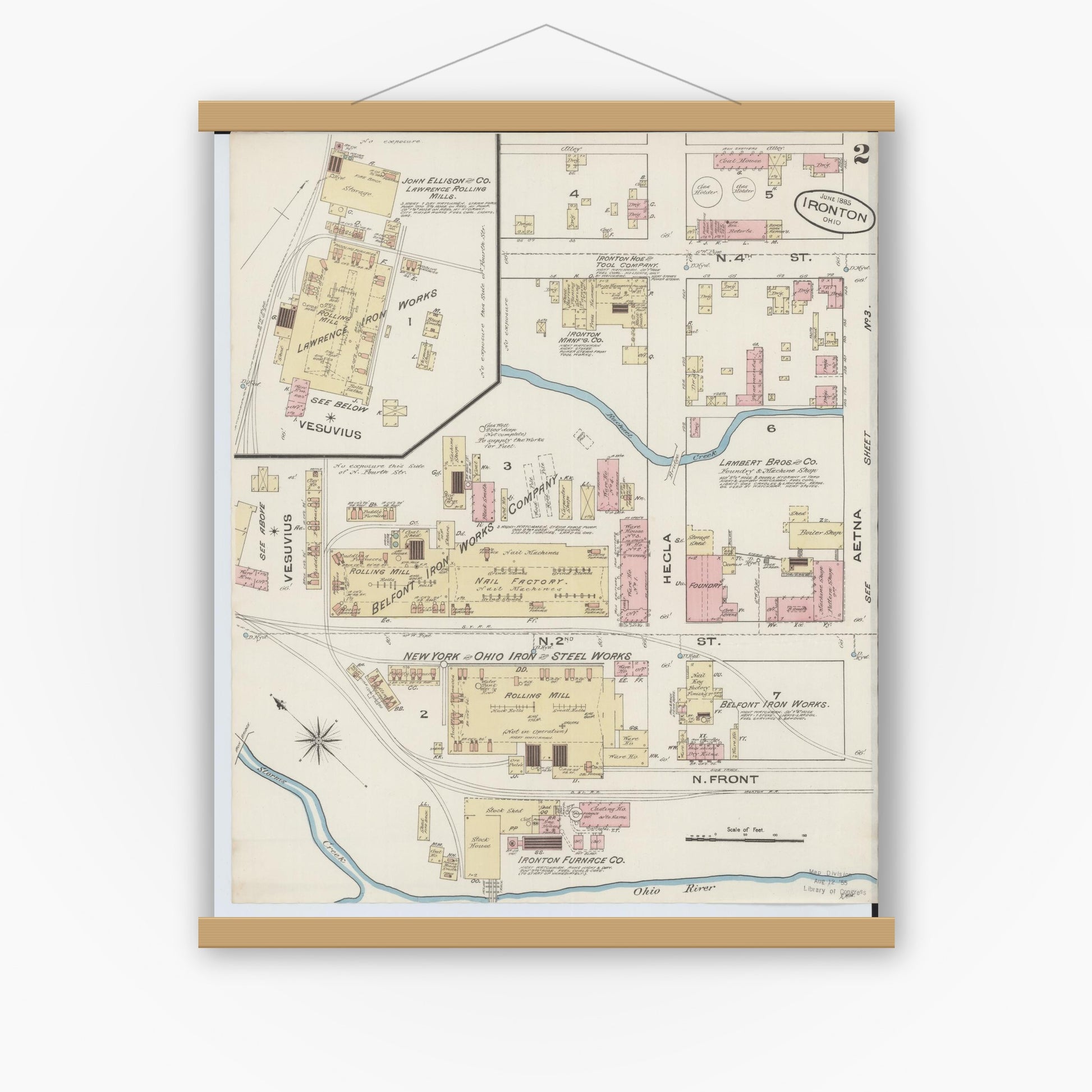 Old map wall art mockup — magnetic wood frame on white wall — Sanborn Fire Insurance Map from Ironton, Lawrence County, Ohio (1885), Sheet #0002