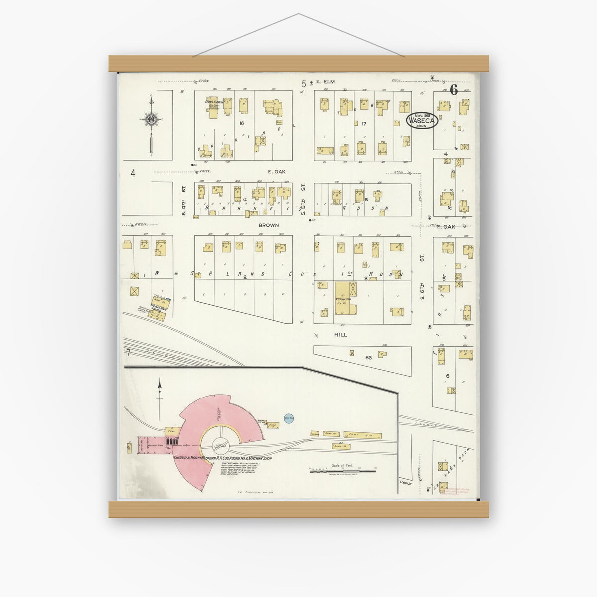 Old map wall art mockup — magnetic wood frame on white wall — Sanborn Fire Insurance Map from Waseca, Waseca County, Minnesota (1919), Sheet #0006