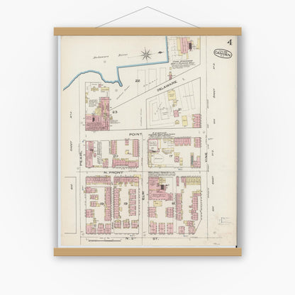Old map wall art mockup — magnetic wood frame on white wall — Sanborn Fire Insurance Map from Camden, Camden County, New Jersey (1885), Sheet #0004