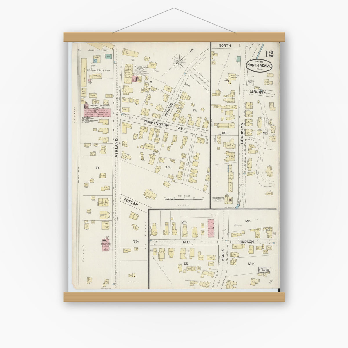 Old map wall art mockup — magnetic wood frame on white wall — Sanborn Fire Insurance Map from North Adams, Berkshire County, Massachusetts (1888), Sheet #0012
