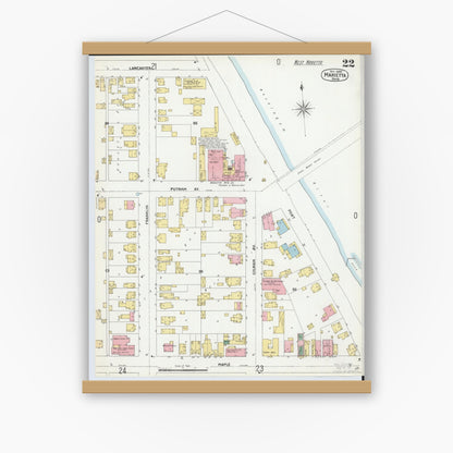Old map wall art mockup — magnetic wood frame on white wall — Sanborn Fire Insurance Map from Marietta, Washington County, Ohio (1900), Sheet #0022