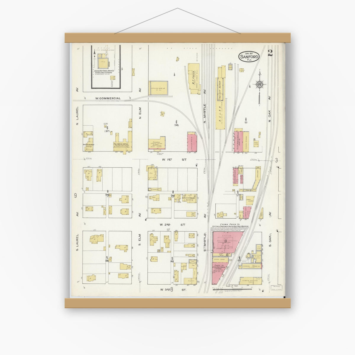 Old map wall art mockup — magnetic wood frame on white wall — Sanborn Fire Insurance Map from Sanford, Seminole County, Florida (1917), Sheet #0002