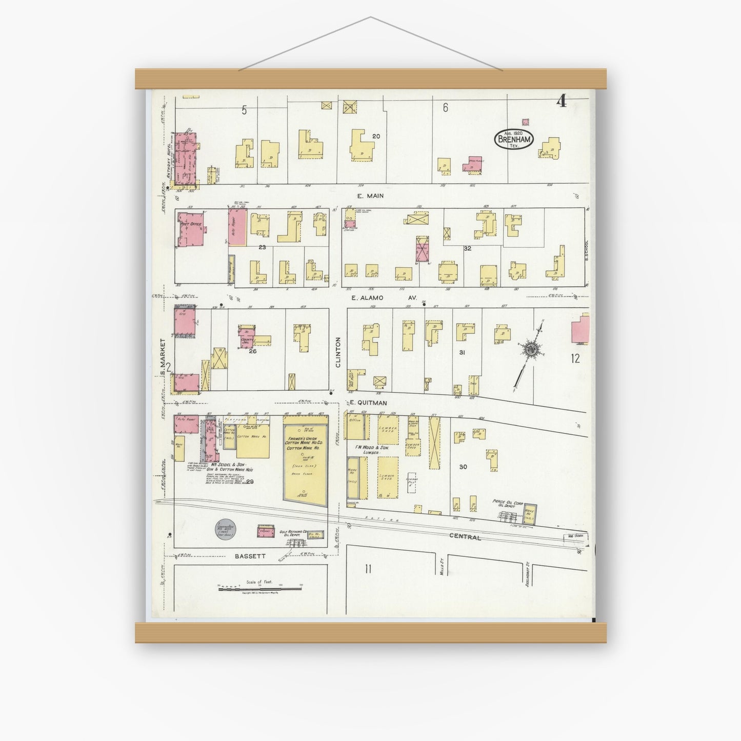 Old map wall art mockup — magnetic wood frame on white wall — Sanborn Fire Insurance Map from Brenham, Washington County, Texas (1920), Sheet #0004