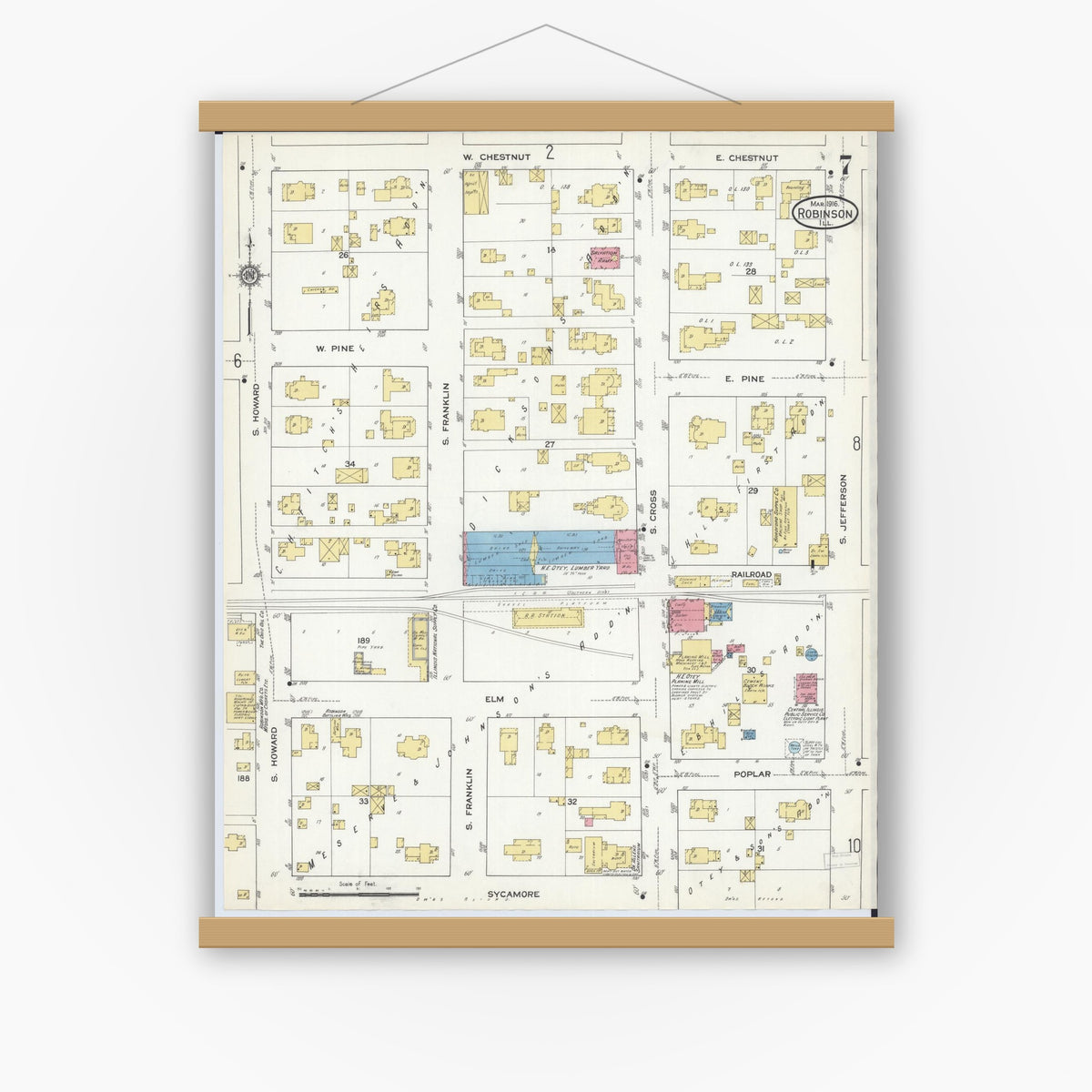 Old map wall art mockup — magnetic wood frame on white wall — Sanborn Fire Insurance Map from Robinson, Crawford County, Illinois (1916), Sheet #0007