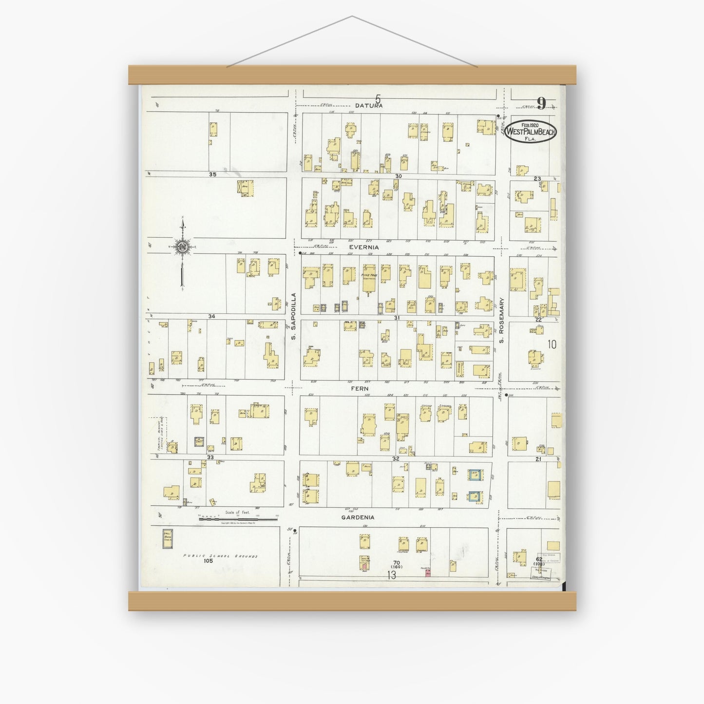 Old map wall art mockup — magnetic wood frame on white wall — Sanborn Fire Insurance Map from West Palm Beach, Dade County, Florida (1920), Sheet #0009