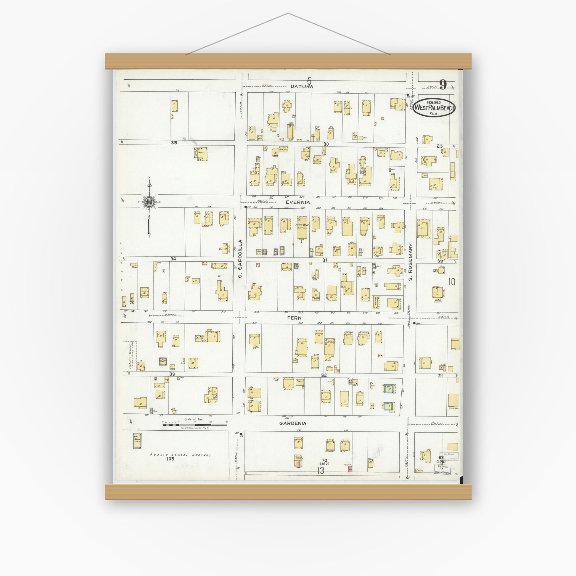 Old map wall art mockup — magnetic wood frame on white wall — Sanborn Fire Insurance Map from West Palm Beach, Dade County, Florida (1920), Sheet #0009