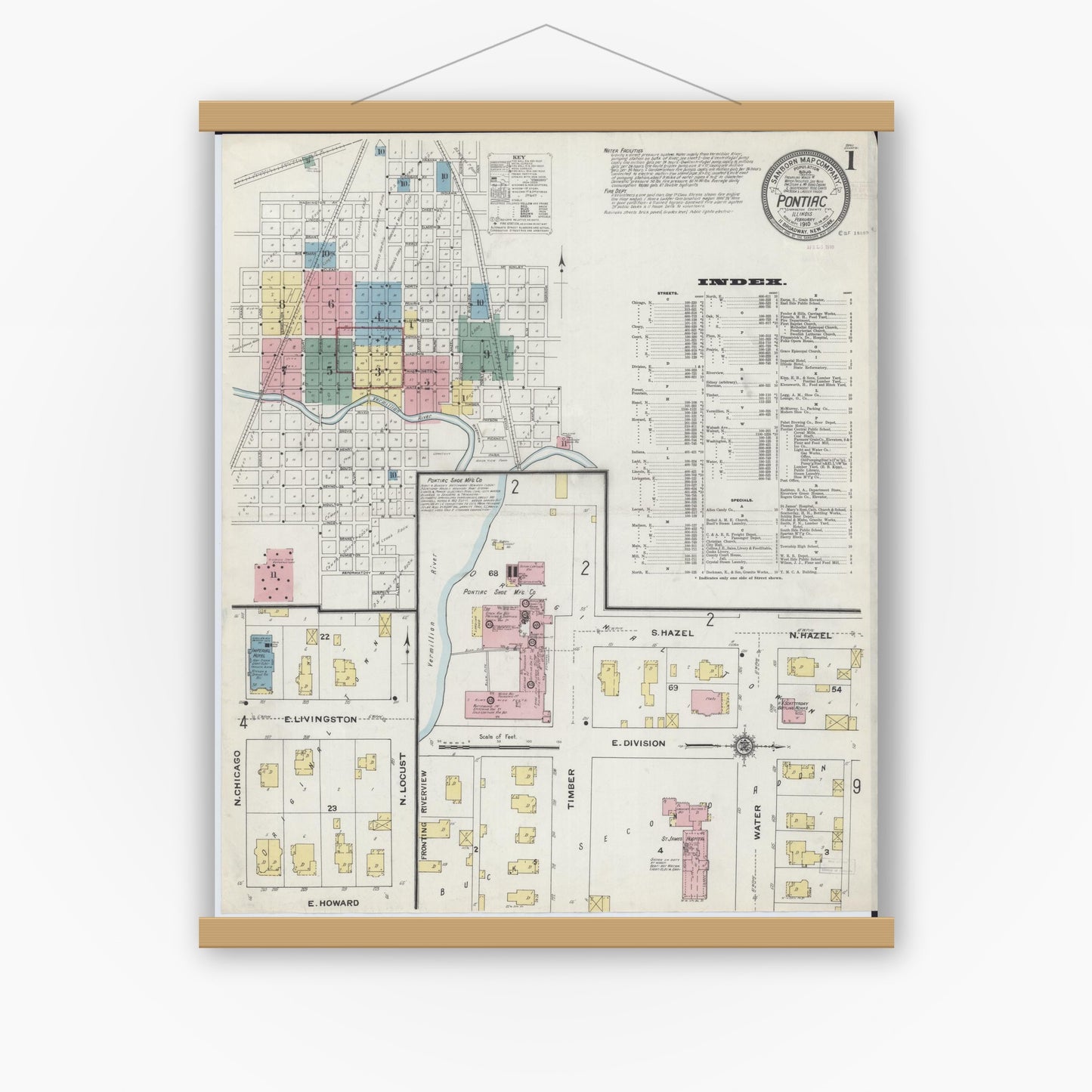 Old map wall art mockup — magnetic wood frame on white wall — Sanborn Fire Insurance Map from Pontiac, Livingston County, Illinois (1910) - Complete Map Set