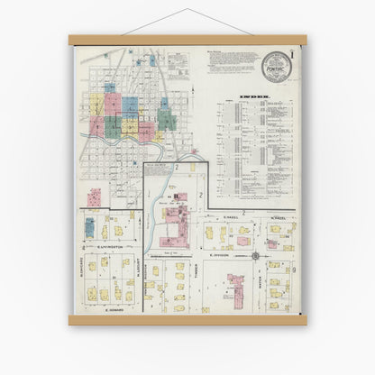 Old map wall art mockup — magnetic wood frame on white wall — Sanborn Fire Insurance Map from Pontiac, Livingston County, Illinois (1910) - Complete Map Set