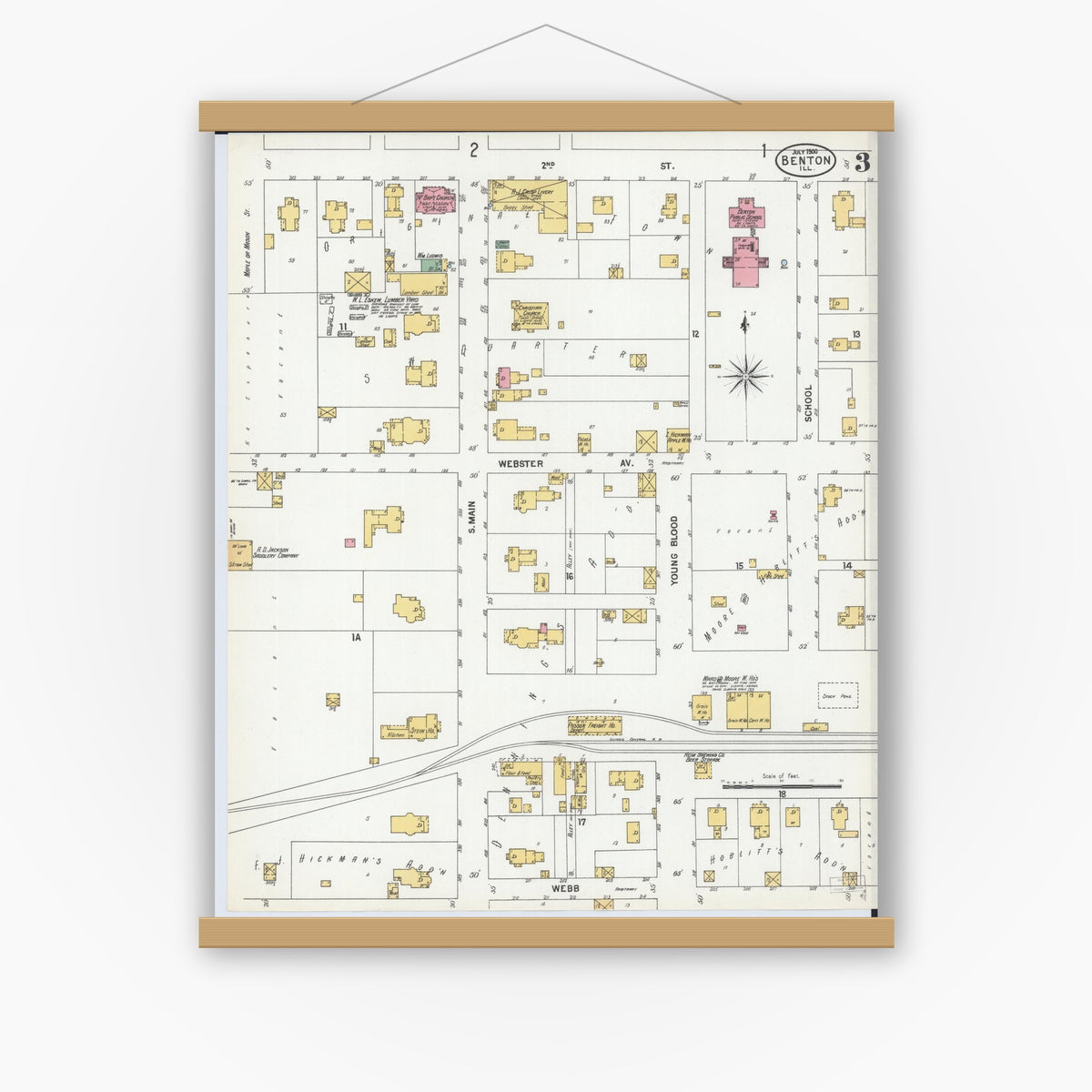 Old map wall art mockup — magnetic wood frame on white wall — Sanborn Fire Insurance Map from Benton, Franklin County, Illinois (1900), Sheet #0003