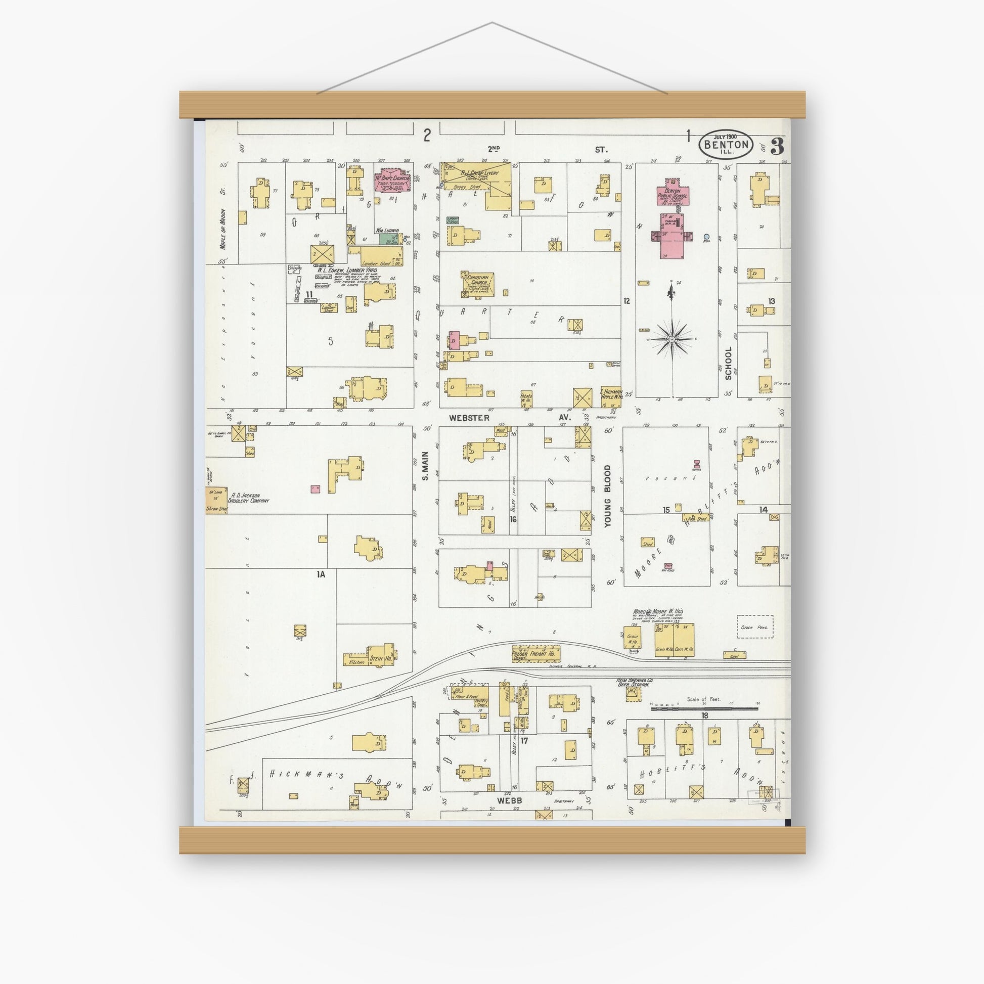 Old map wall art mockup — magnetic wood frame on white wall — Sanborn Fire Insurance Map from Benton, Franklin County, Illinois (1900), Sheet #0003