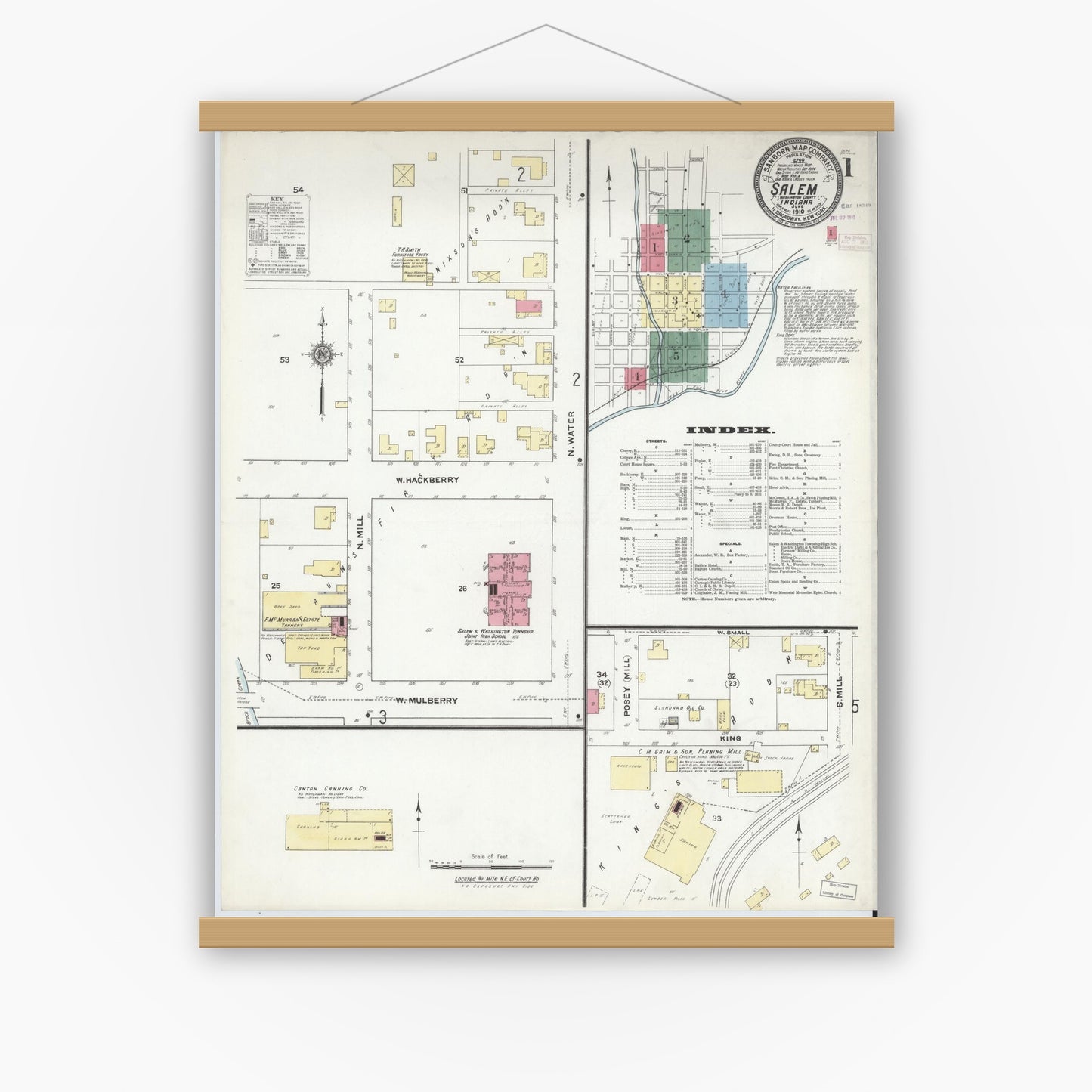 Old map wall art mockup — magnetic wood frame on white wall — Sanborn Fire Insurance Map from Salem, Washington County, Indiana (1910) - Complete Map Set