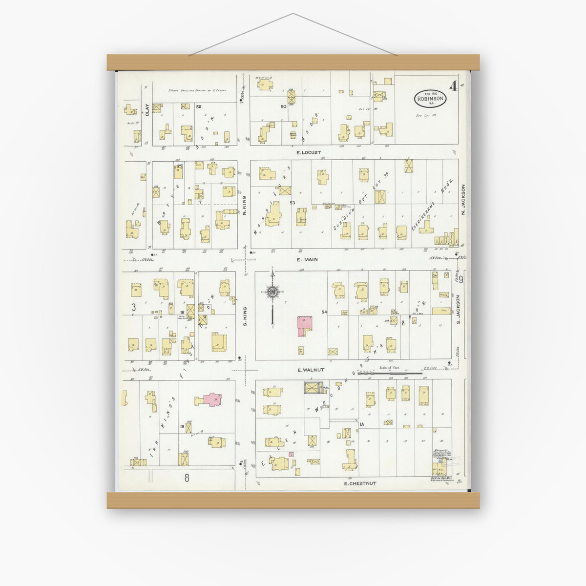 Old map wall art mockup — magnetic wood frame on white wall — Sanborn Fire Insurance Map from Robinson, Crawford County, Illinois (1910), Sheet #0004