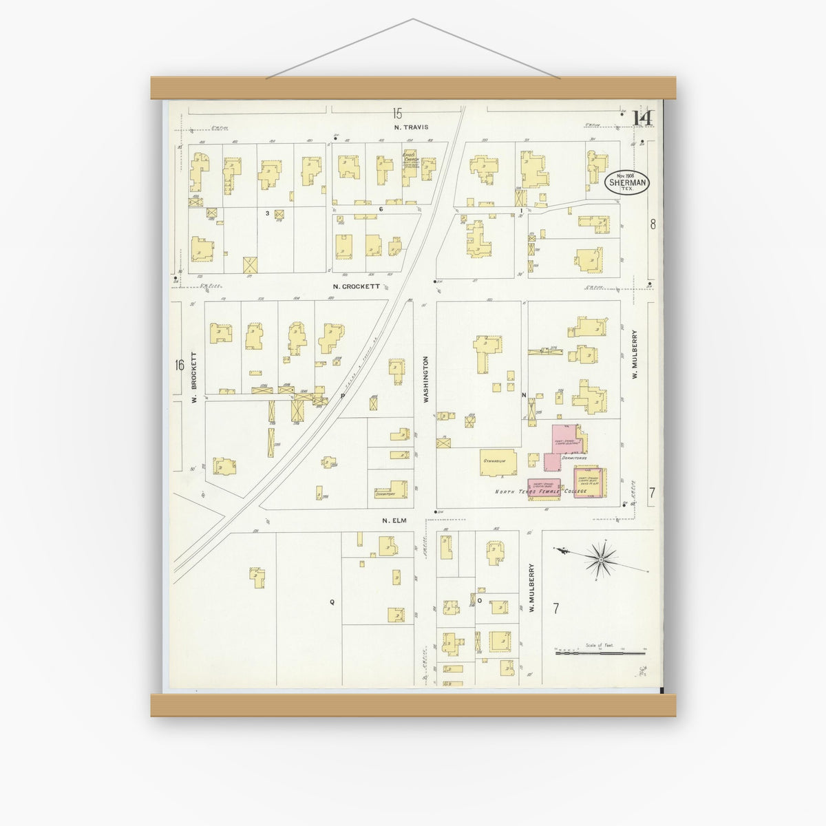 Old map wall art mockup — magnetic wood frame on white wall — Sanborn Fire Insurance Map from Sherman, Grayson County, Texas (1908), Sheet #0014
