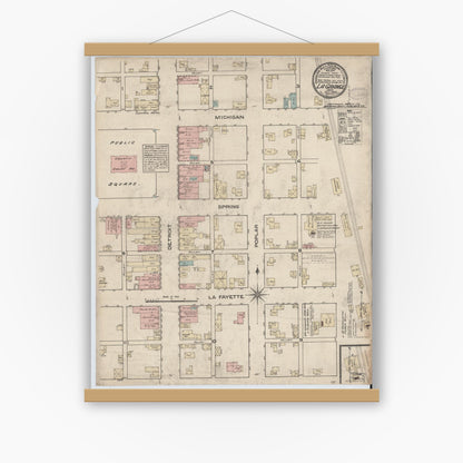 Old map wall art mockup — magnetic wood frame on white wall — Sanborn Fire Insurance Map from Lagrange, LaGrange County, Indiana (1883), Sheet #0001