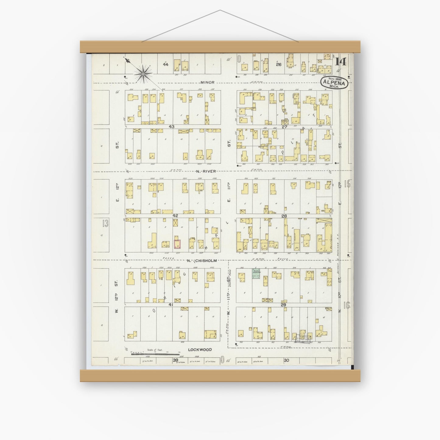 Old map wall art mockup — magnetic wood frame on white wall — Sanborn Fire Insurance Map from Alpena, Alpena County, Michigan (1895), Sheet #0014