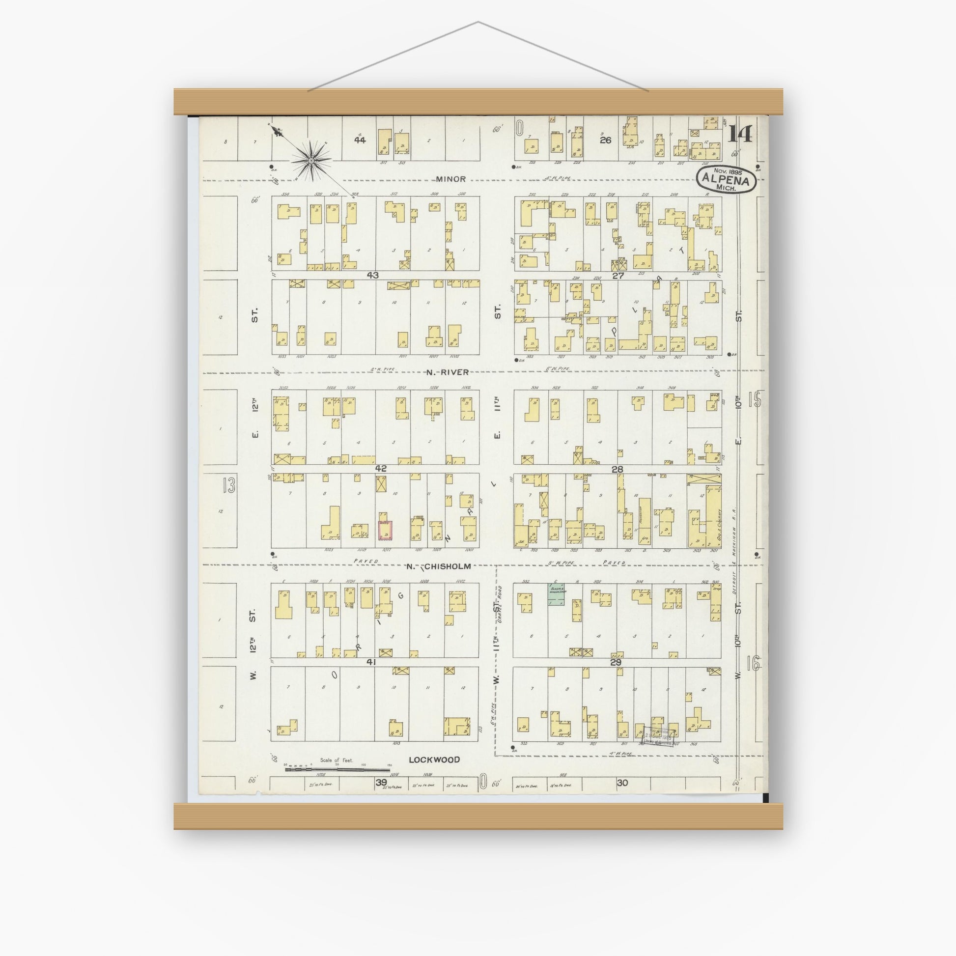 Old map wall art mockup — magnetic wood frame on white wall — Sanborn Fire Insurance Map from Alpena, Alpena County, Michigan (1895), Sheet #0014