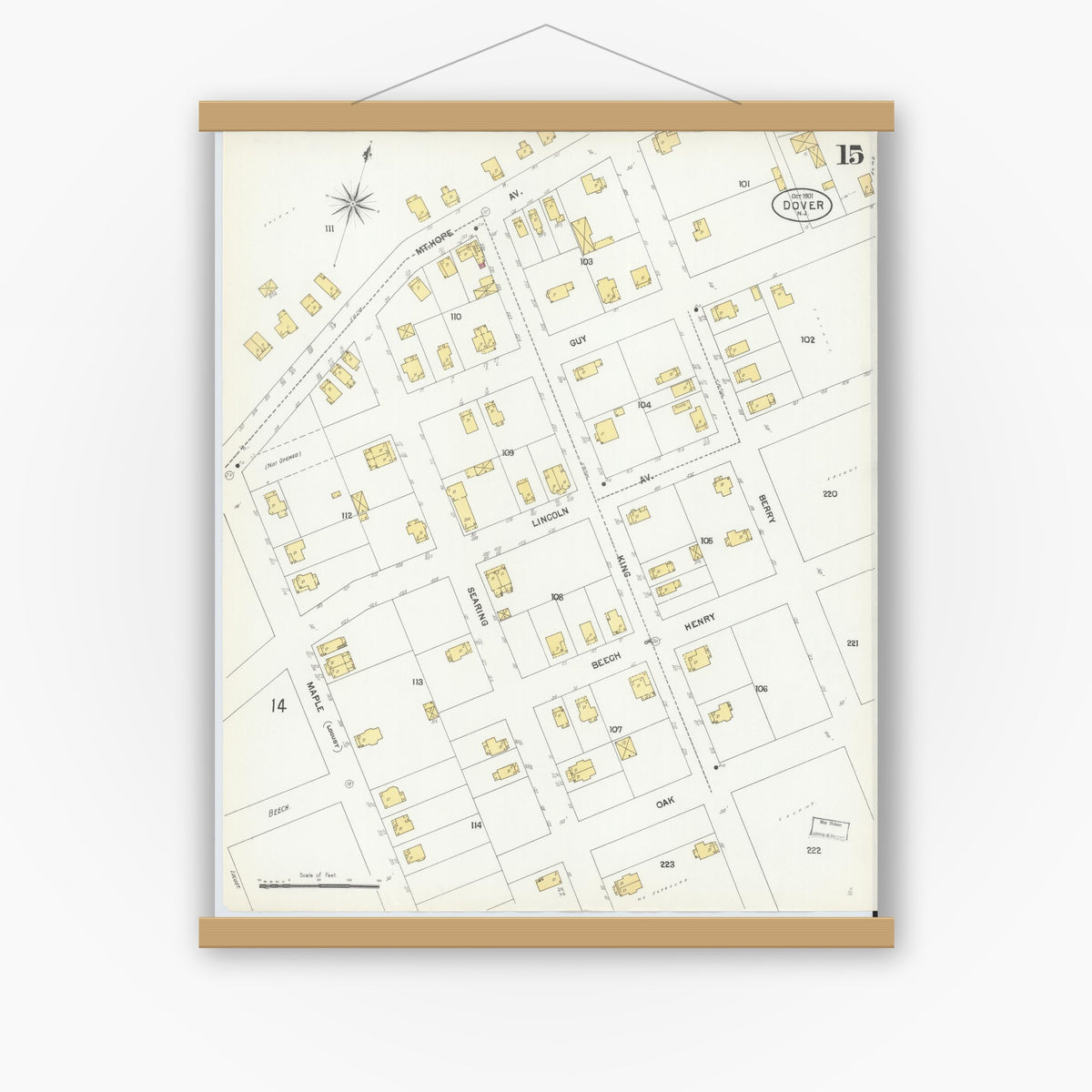 Old map wall art mockup — magnetic wood frame on white wall — Sanborn Fire Insurance Map from Dover, Morris County, New Jersey (1900), Sheet #0015