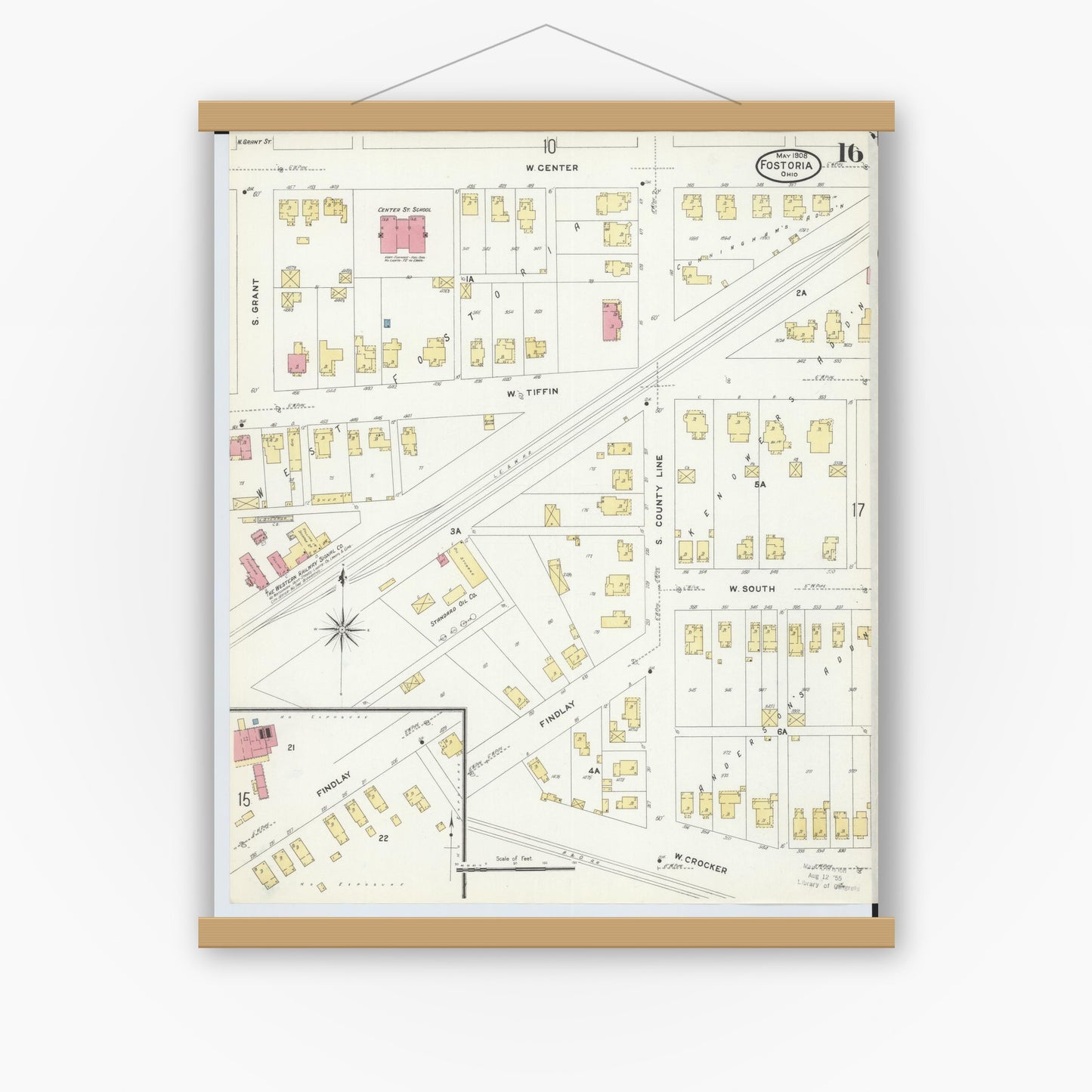 Old map wall art mockup — magnetic wood frame on white wall — Sanborn Fire Insurance Map from Fostoria, Seneca, Hancock, And Wood Counties, Ohio (1908), Sheet #0016
