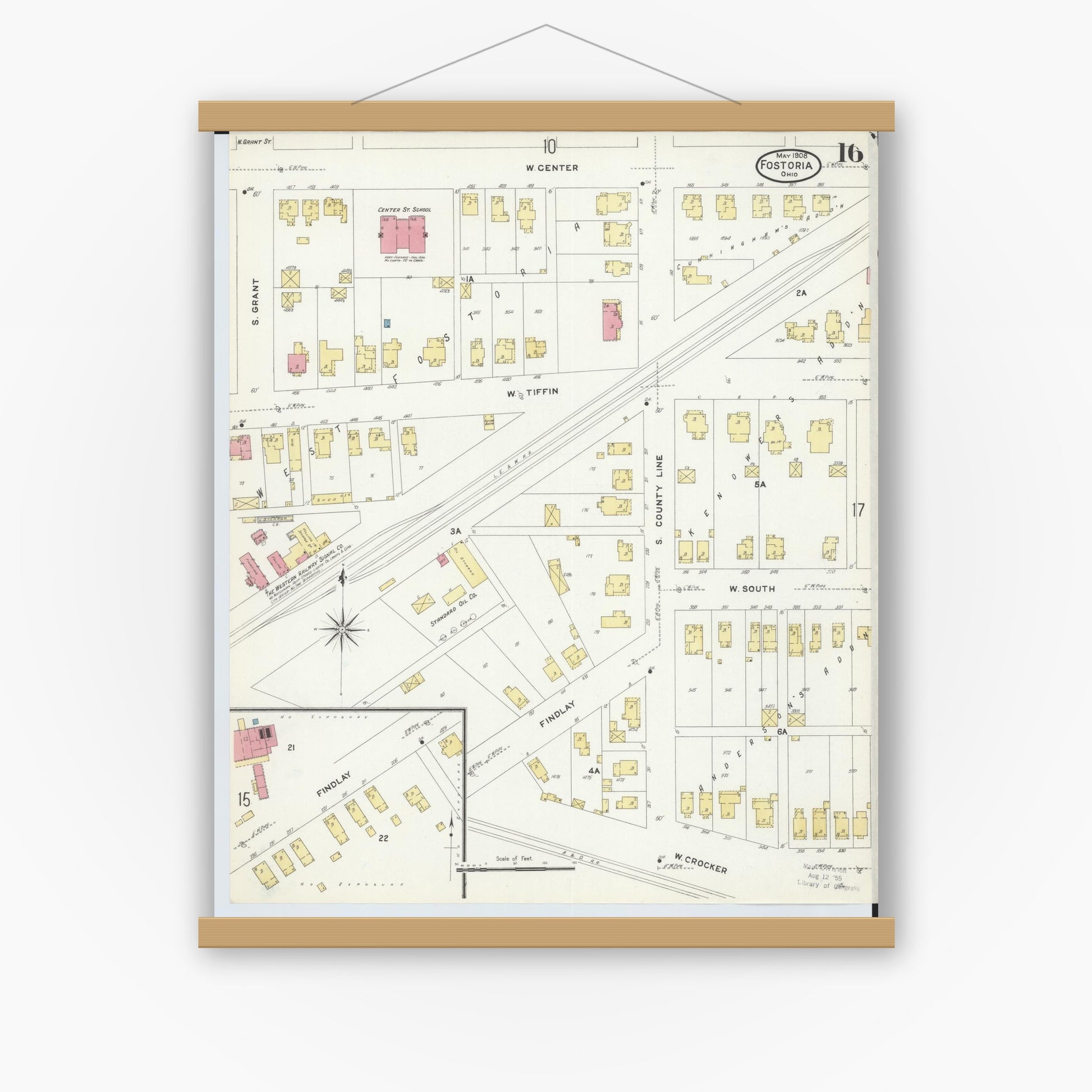 Old map wall art mockup — magnetic wood frame on white wall — Sanborn Fire Insurance Map from Fostoria, Seneca, Hancock, And Wood Counties, Ohio (1908), Sheet #0016