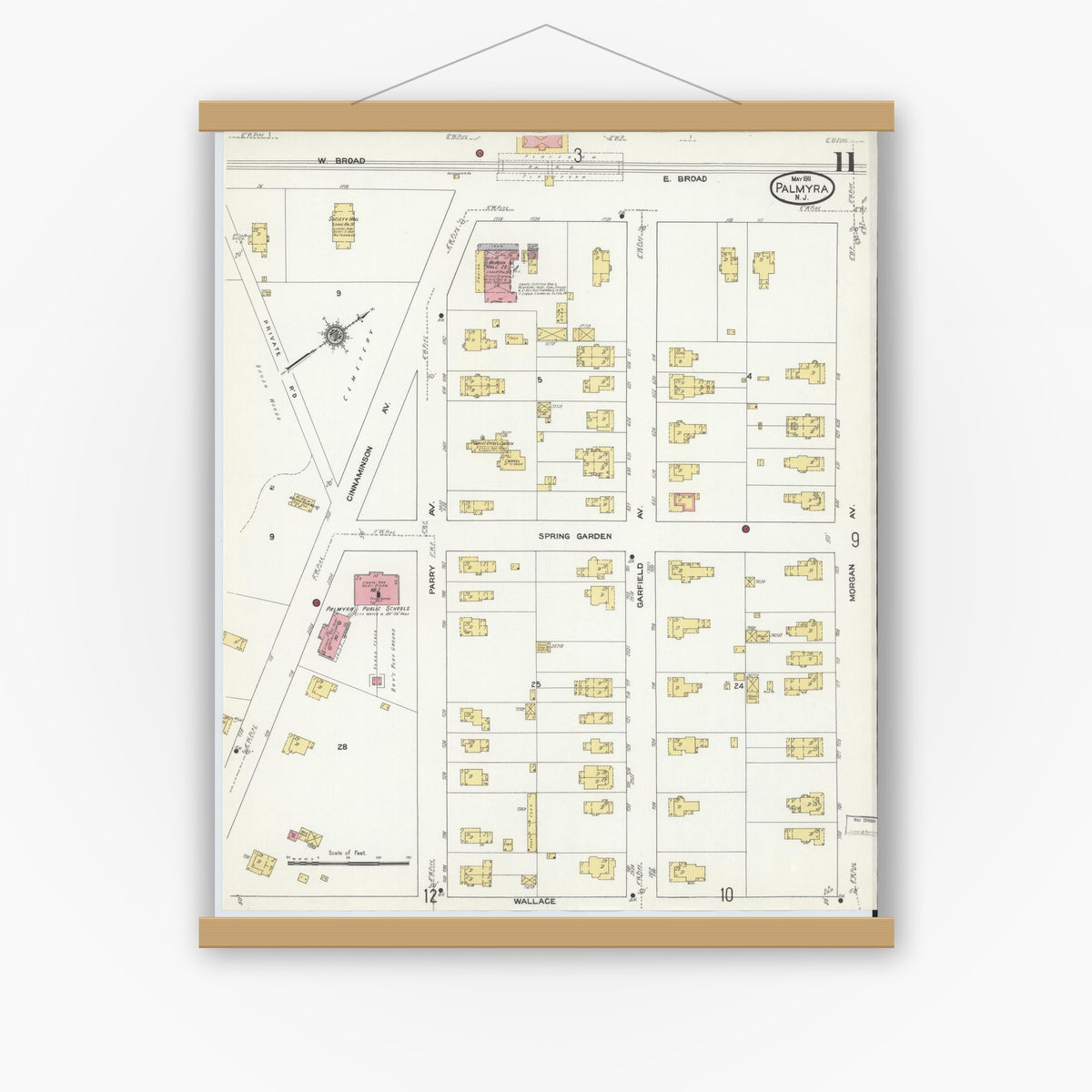 Old map wall art mockup — magnetic wood frame on white wall — Sanborn Fire Insurance Map from Palmyra, Burlington County, New Jersey (1911), Sheet #0011