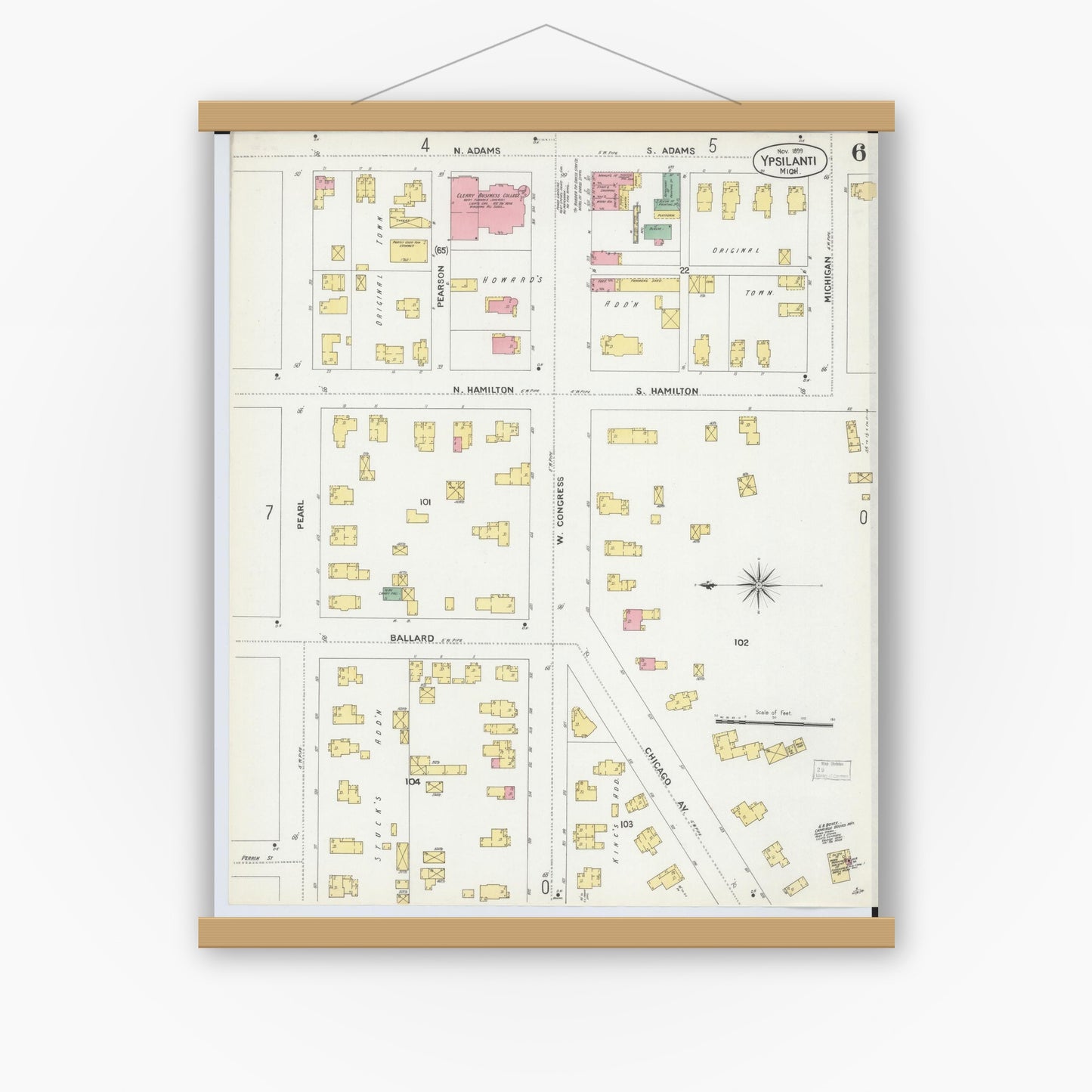 Old map wall art mockup — magnetic wood frame on white wall — Sanborn Fire Insurance Map from Ypsilanti, Washtenaw County, Michigan (1899), Sheet #0006