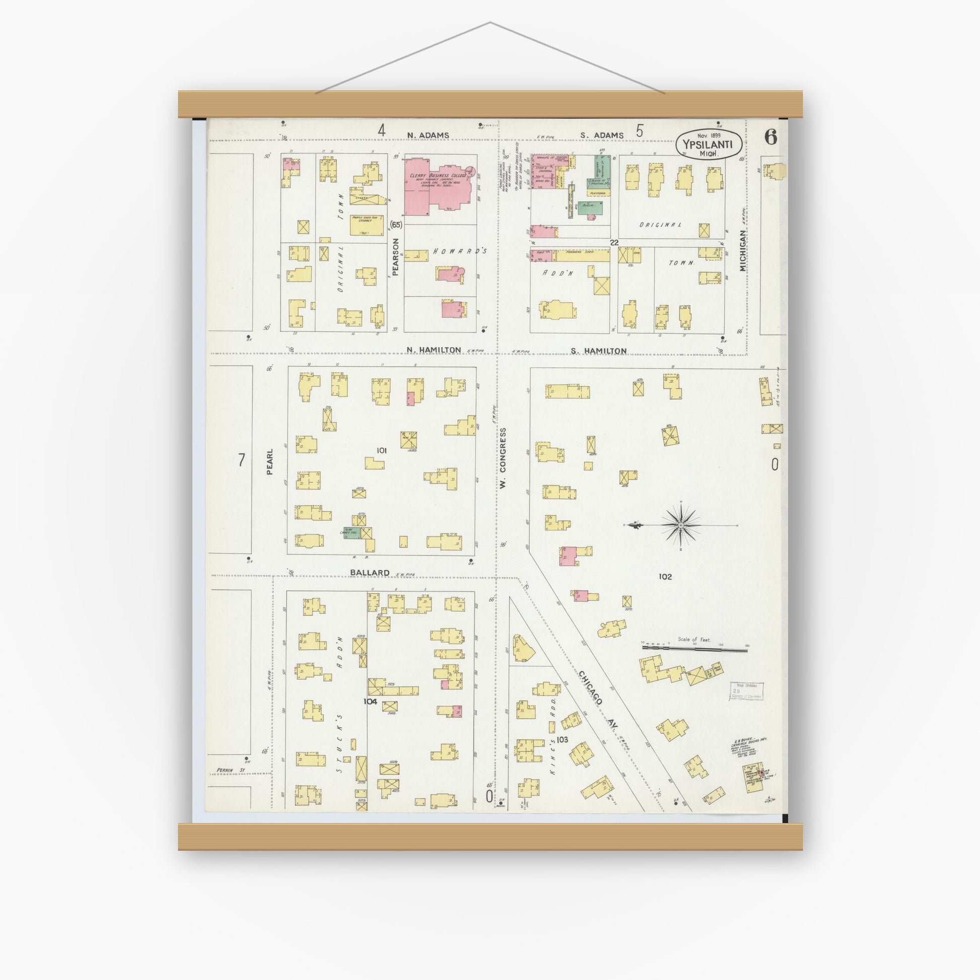 Old map wall art mockup — magnetic wood frame on white wall — Sanborn Fire Insurance Map from Ypsilanti, Washtenaw County, Michigan (1899), Sheet #0006