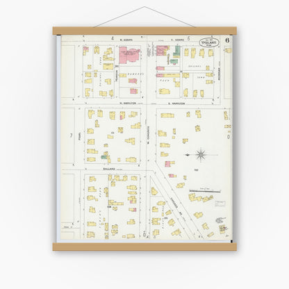 Old map wall art mockup — magnetic wood frame on white wall — Sanborn Fire Insurance Map from Ypsilanti, Washtenaw County, Michigan (1899), Sheet #0006