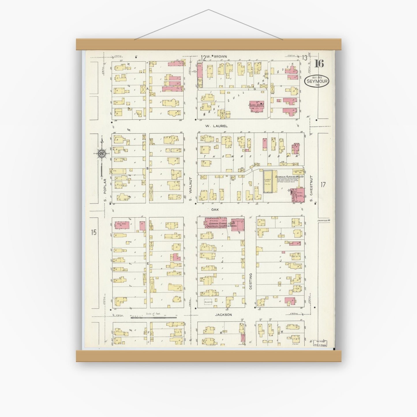 Old map wall art mockup — magnetic wood frame on white wall — Sanborn Fire Insurance Map from Seymour, Jackson County, Indiana (1913), Sheet #0016