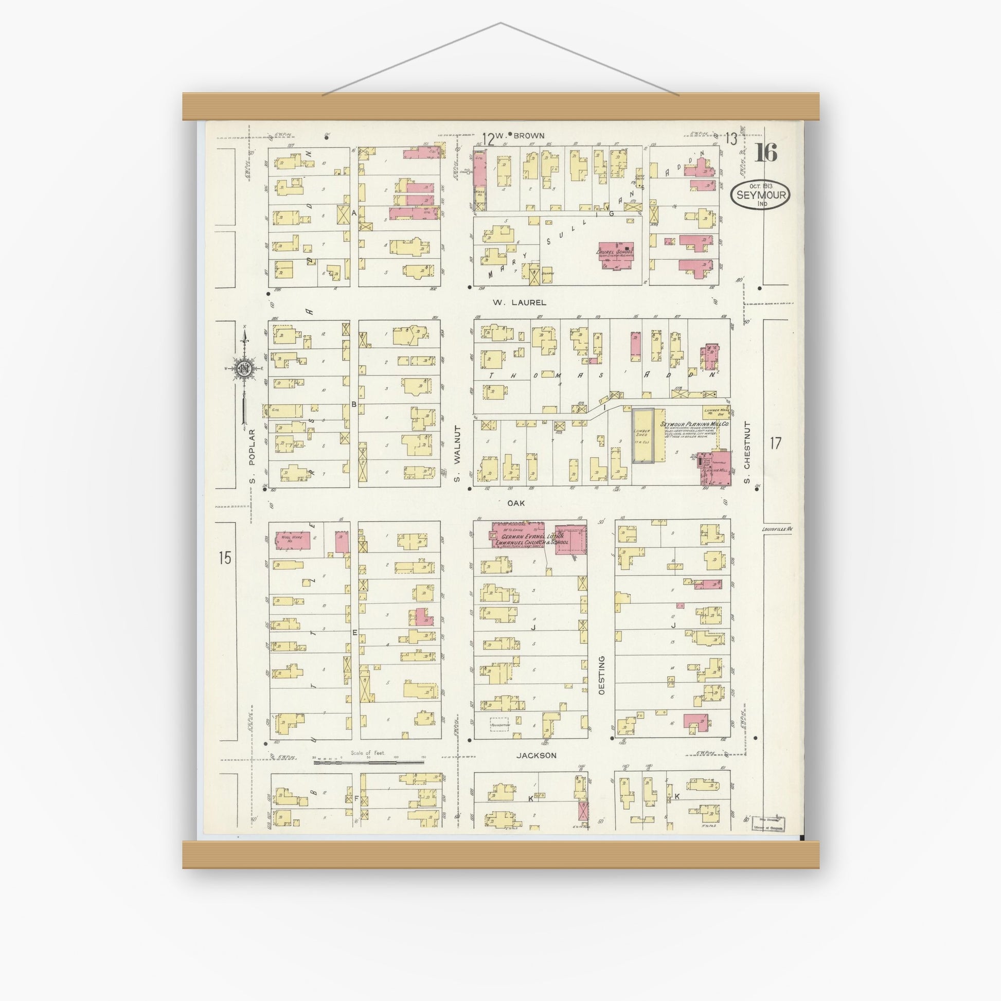 Old map wall art mockup — magnetic wood frame on white wall — Sanborn Fire Insurance Map from Seymour, Jackson County, Indiana (1913), Sheet #0016