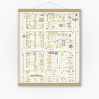 Old map wall art mockup — magnetic wood frame on white wall — Sanborn Fire Insurance Map from Seymour, Jackson County, Indiana (1913), Sheet #0016