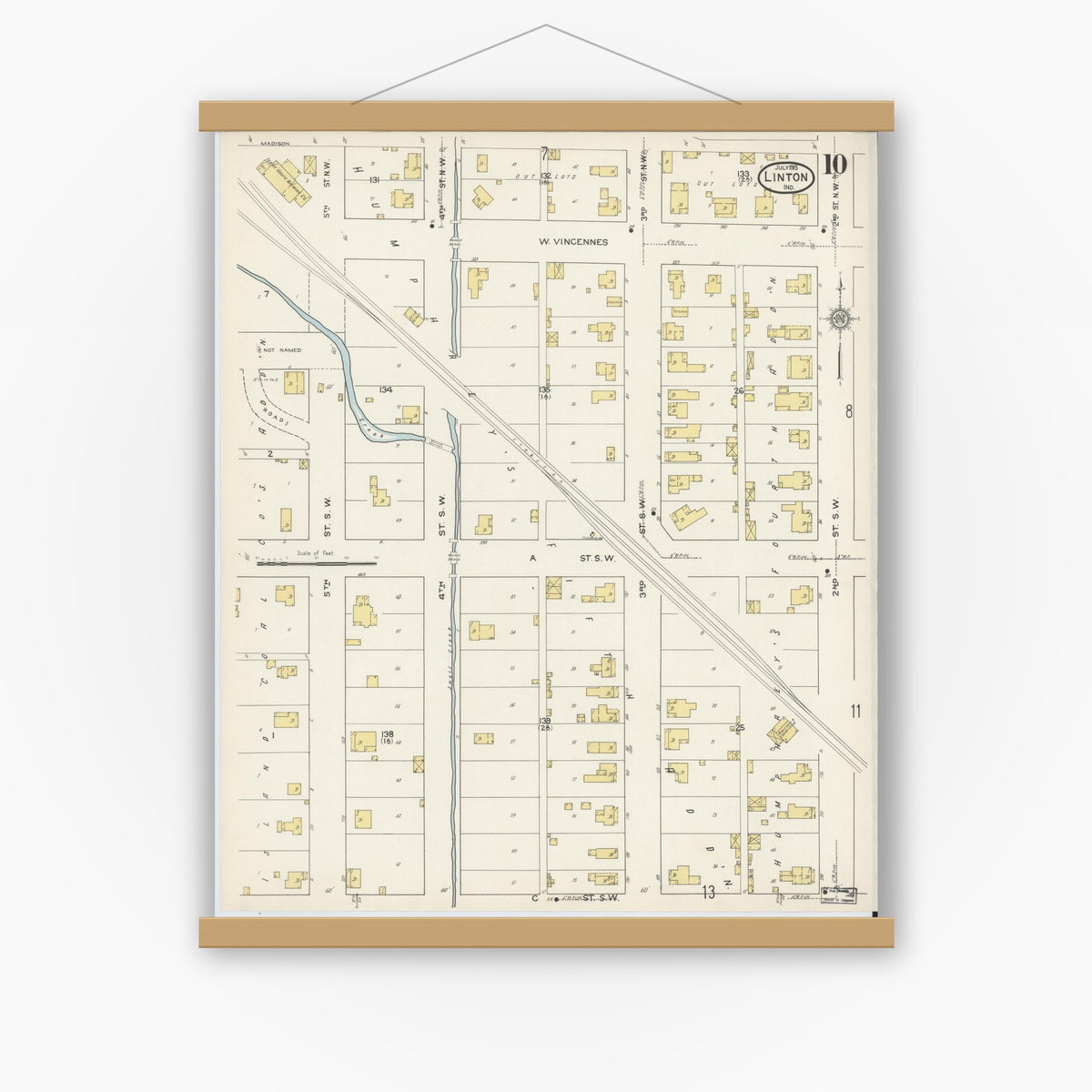 Old map wall art mockup — magnetic wood frame on white wall — Sanborn Fire Insurance Map from Linton, Greene County, Indiana (1915), Sheet #0010