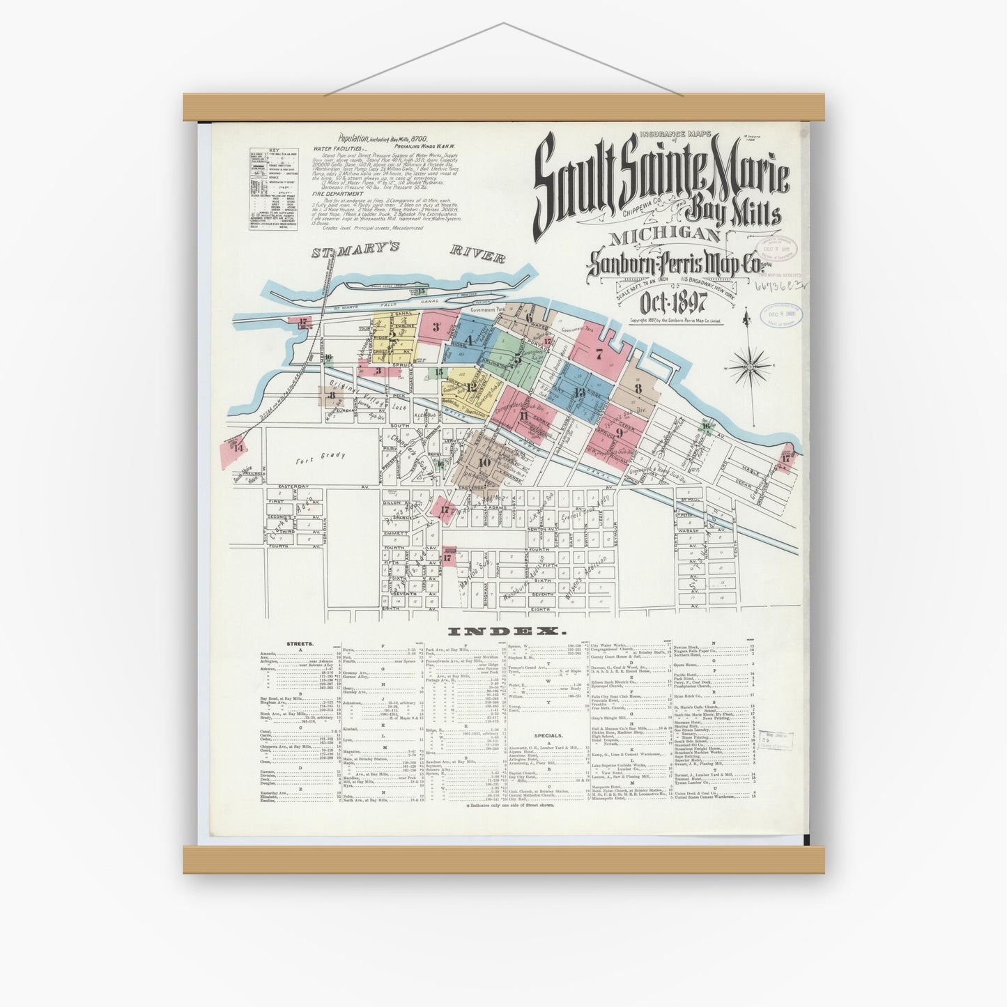 Old map wall art mockup — magnetic wood frame on white wall — Sanborn Fire Insurance Map from Sault Sainte Marie, Chippewa County, Michigan (1897) - Complete Map Set