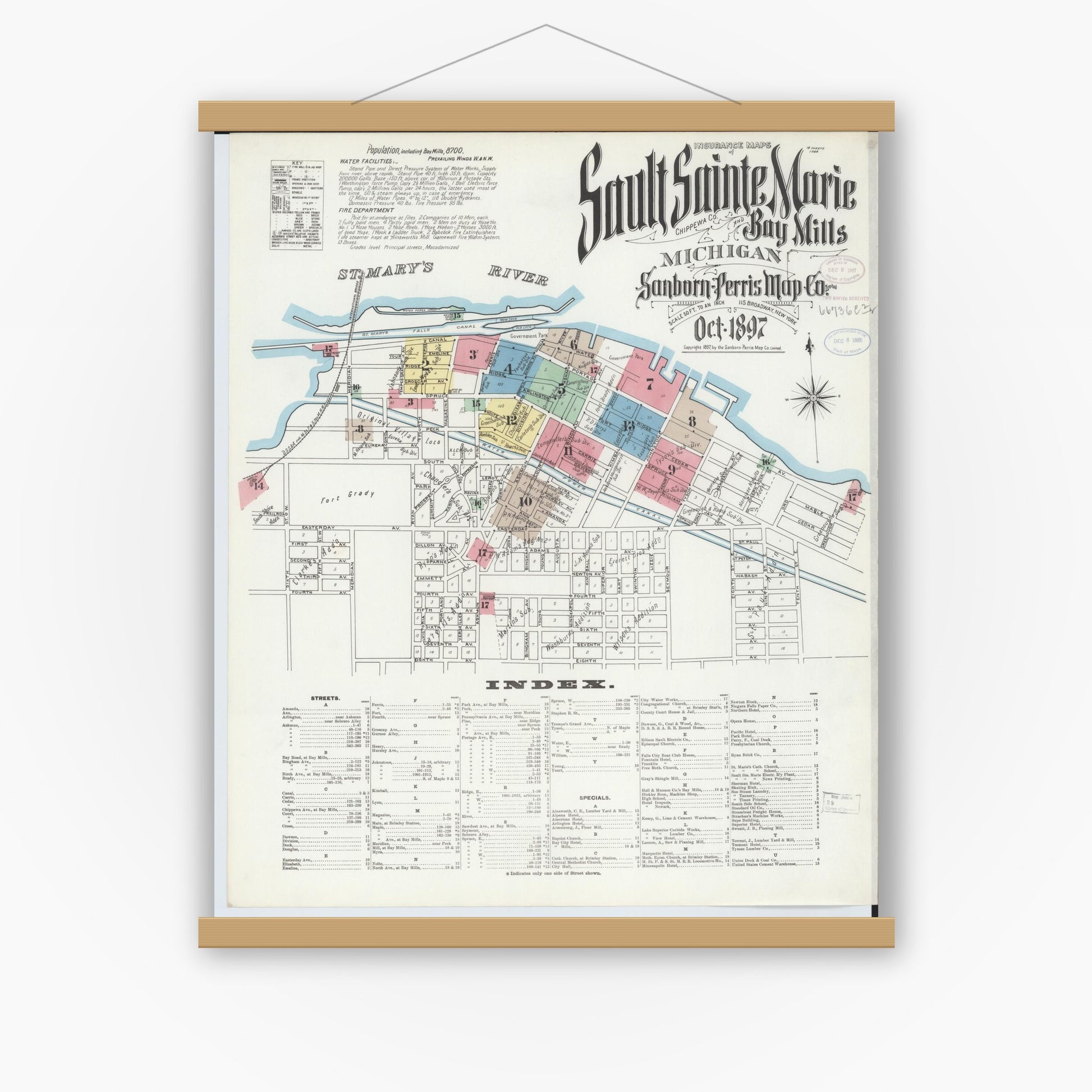 Old map wall art mockup — magnetic wood frame on white wall — Sanborn Fire Insurance Map from Sault Sainte Marie, Chippewa County, Michigan (1897) - Complete Map Set