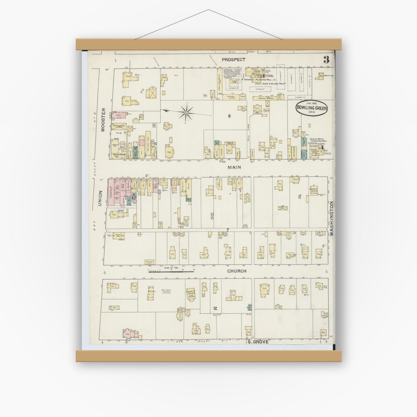 Old map wall art mockup — magnetic wood frame on white wall — Sanborn Fire Insurance Map from Bowling Green, Wood County, Ohio (1888), Sheet #0003
