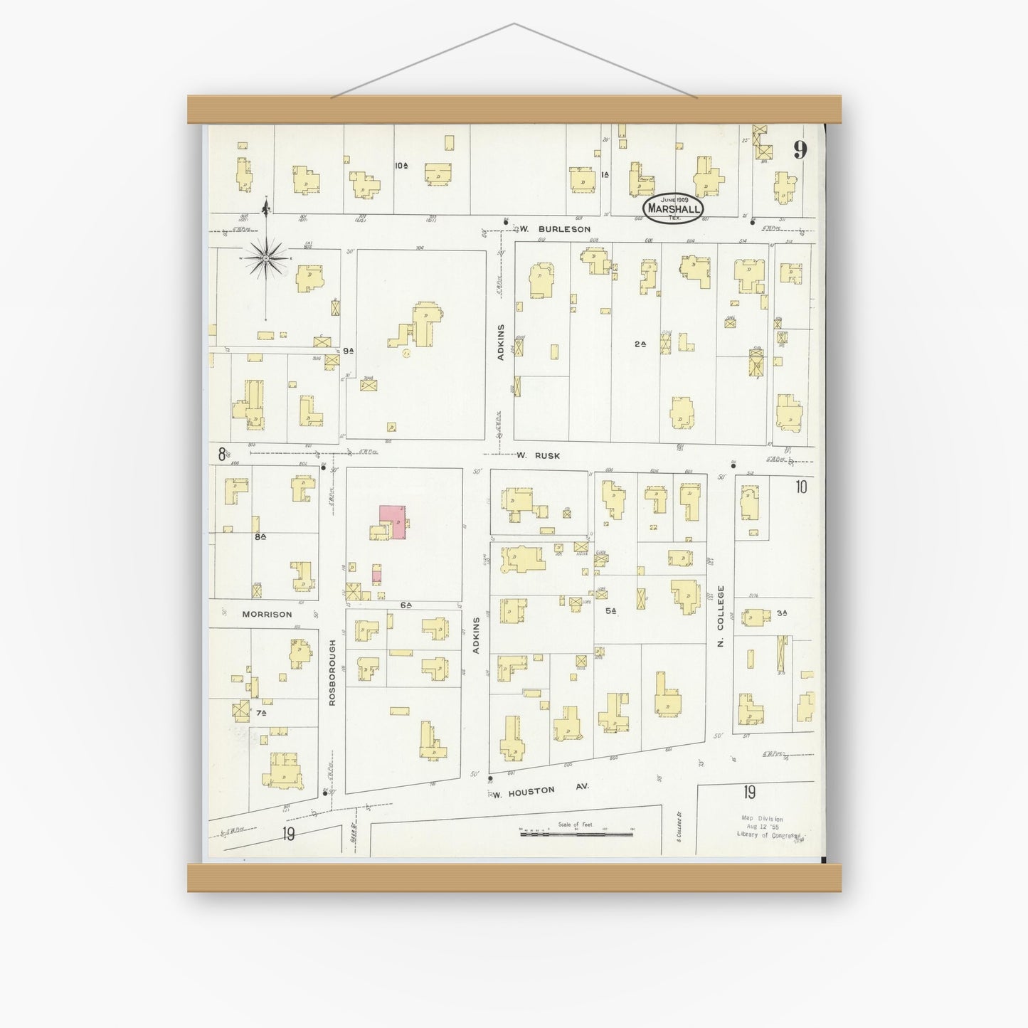 Old map wall art mockup — magnetic wood frame on white wall — Sanborn Fire Insurance Map from Marshall, Harrison County, Texas (1909), Sheet #0009