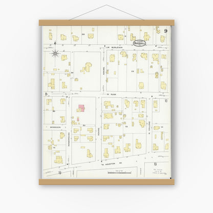 Old map wall art mockup — magnetic wood frame on white wall — Sanborn Fire Insurance Map from Marshall, Harrison County, Texas (1909), Sheet #0009