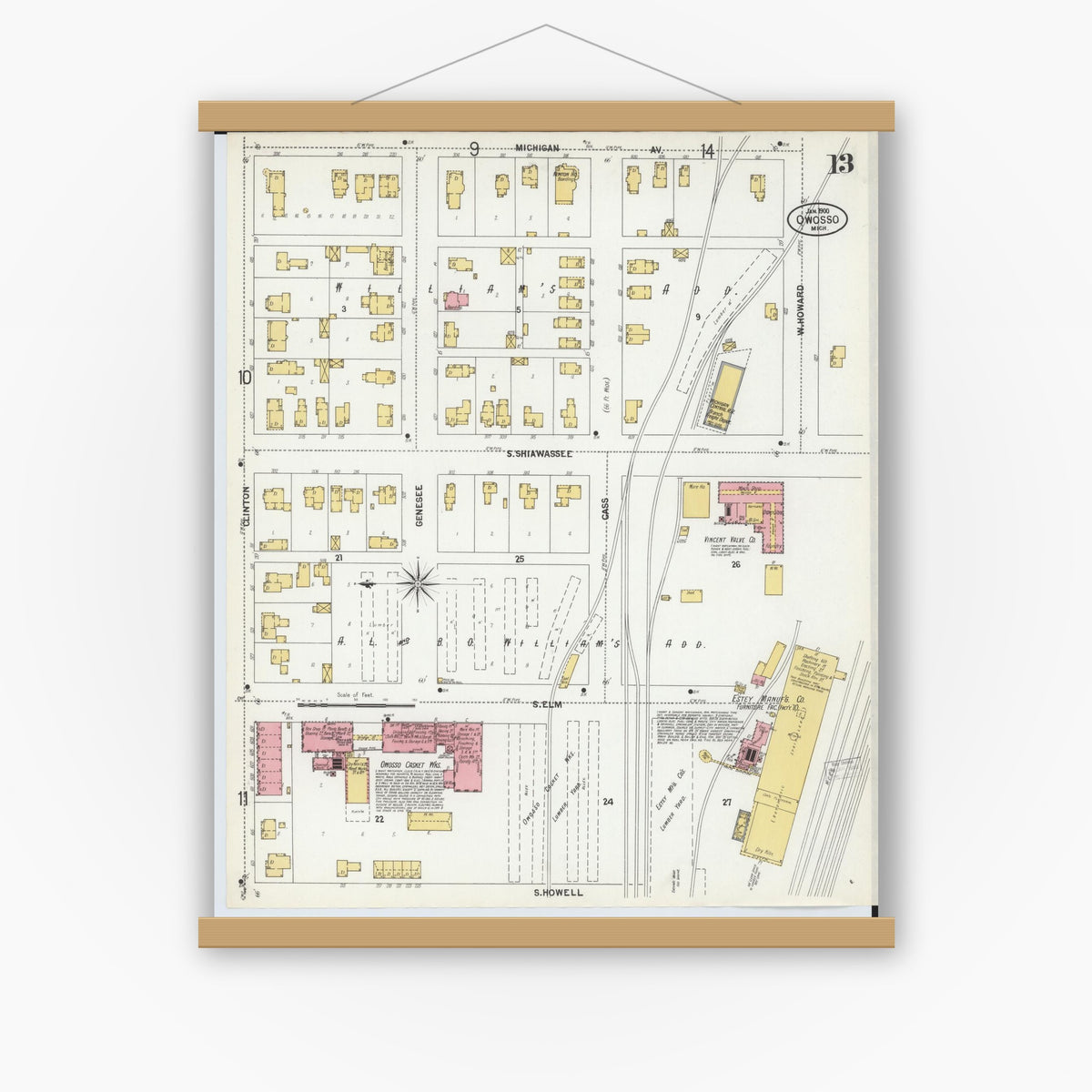 Old map wall art mockup — magnetic wood frame on white wall — Sanborn Fire Insurance Map from Owosso, Shiawassee County, Michigan (1900), Sheet #0013