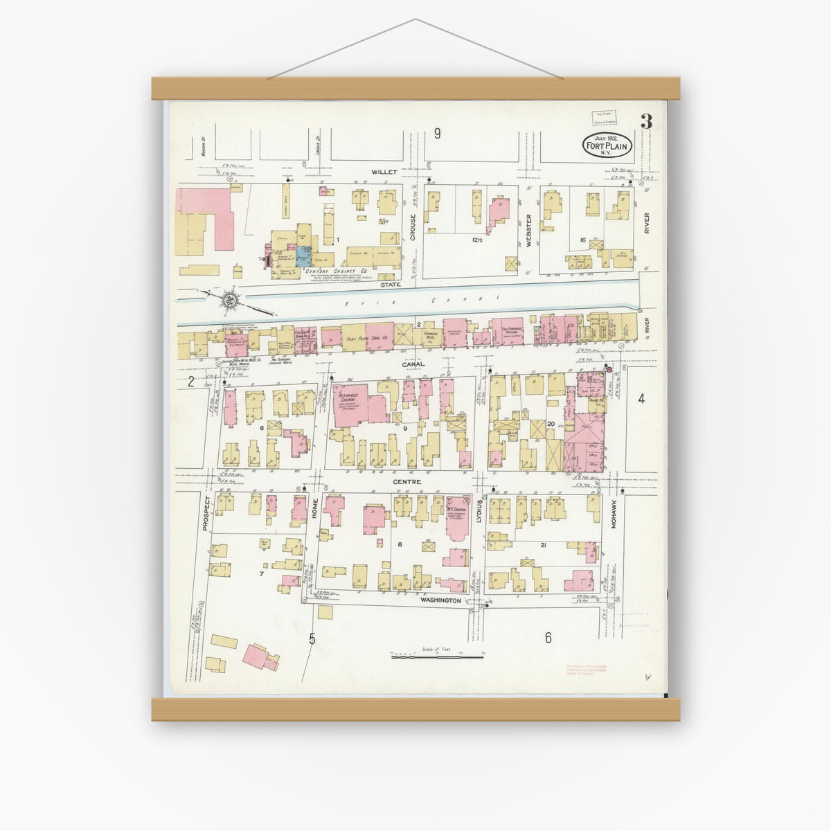 Old map wall art mockup — magnetic wood frame on white wall — Sanborn Fire Insurance Map from Fort Plain, Montgomery County, New York (1912), Sheet #0003