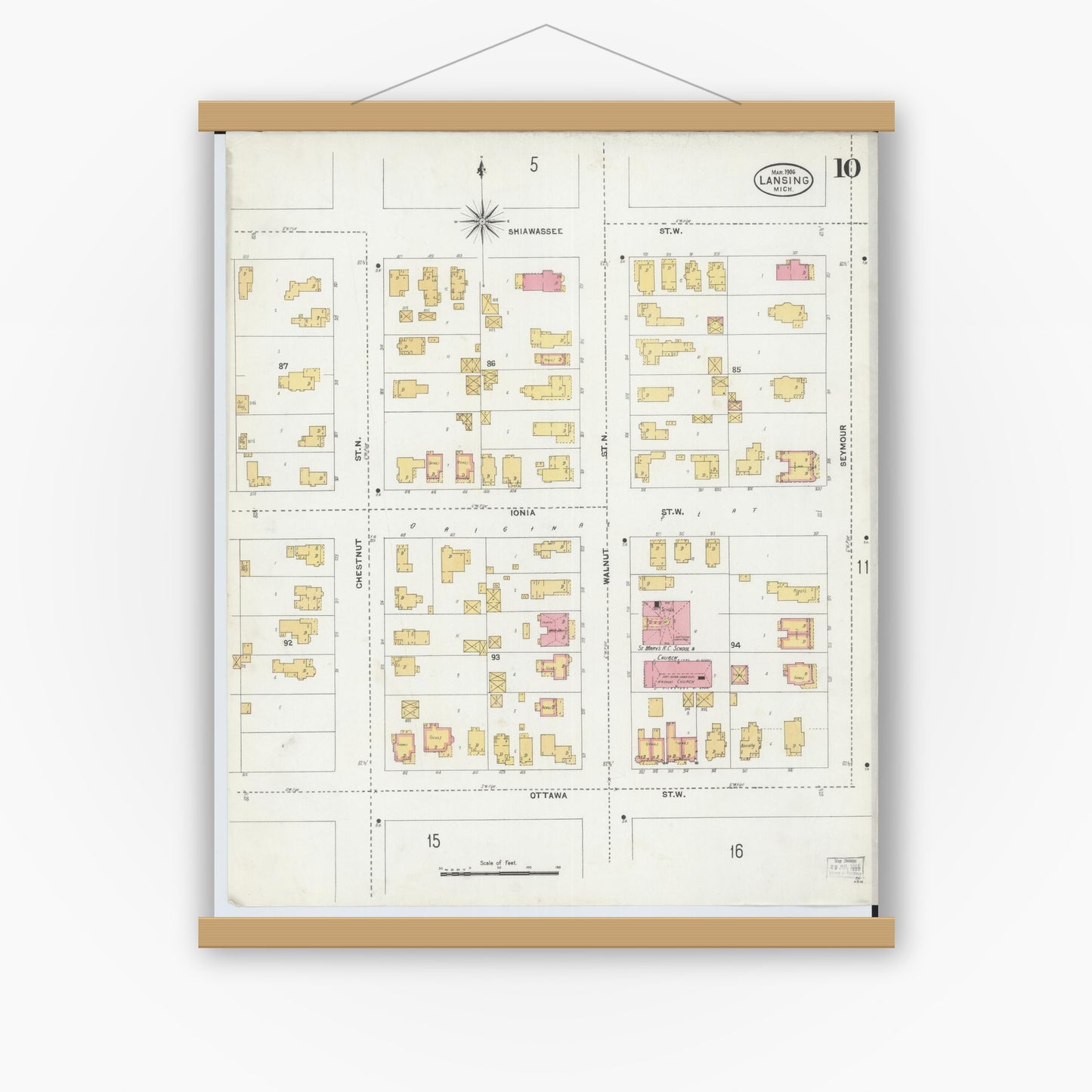 Old map wall art mockup — magnetic wood frame on white wall — Sanborn Fire Insurance Map from Lansing, Ingham County, Michigan (1906), Sheet #0010