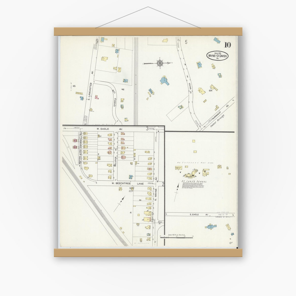 Old map wall art mockup — magnetic wood frame on white wall — Sanborn Fire Insurance Map from Wayne, Delaware County, Pennsylvania (1914), Sheet #0010