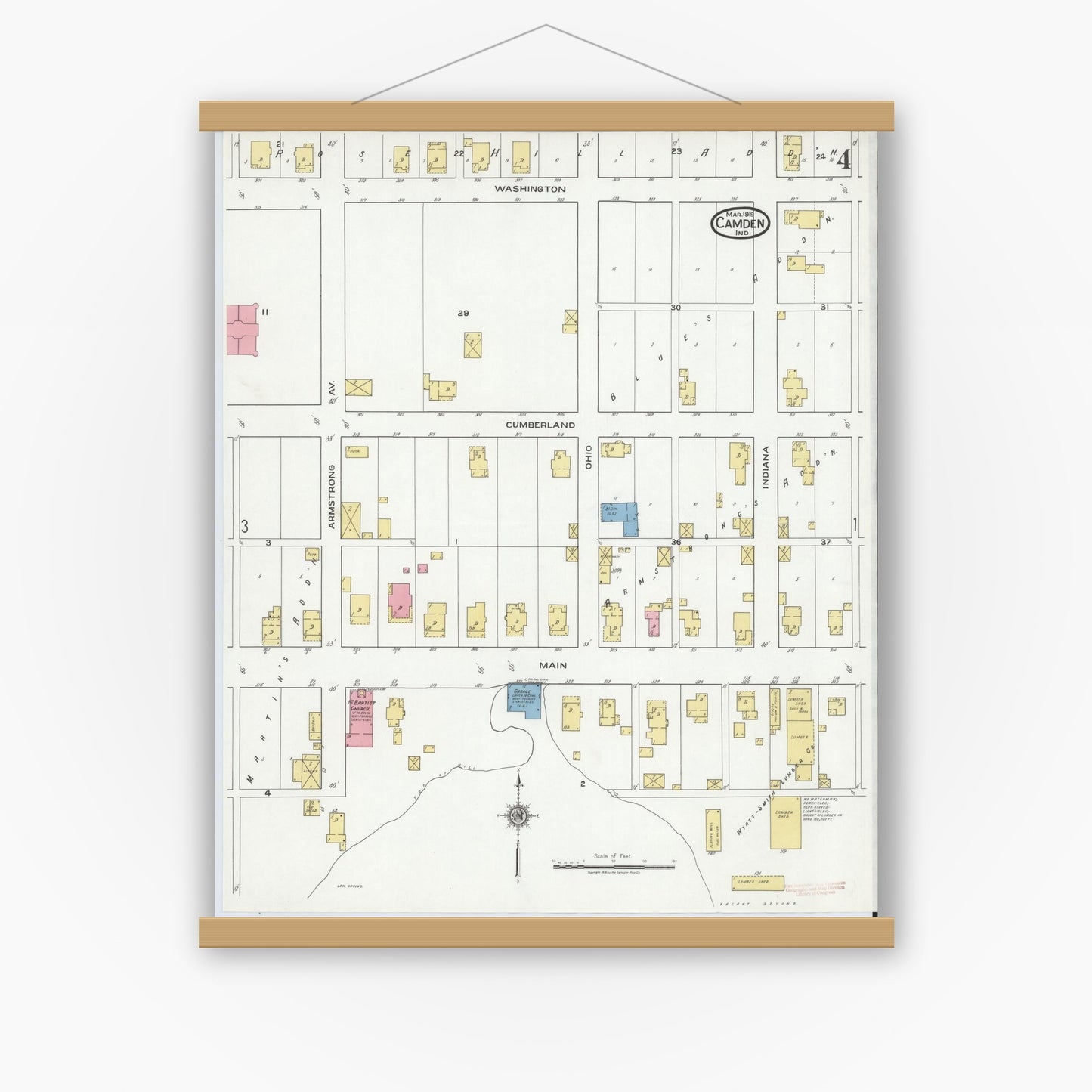 Old map wall art mockup — magnetic wood frame on white wall — Sanborn Fire Insurance Map from Camden, Carroll County, Indiana (1919), Sheet #0004