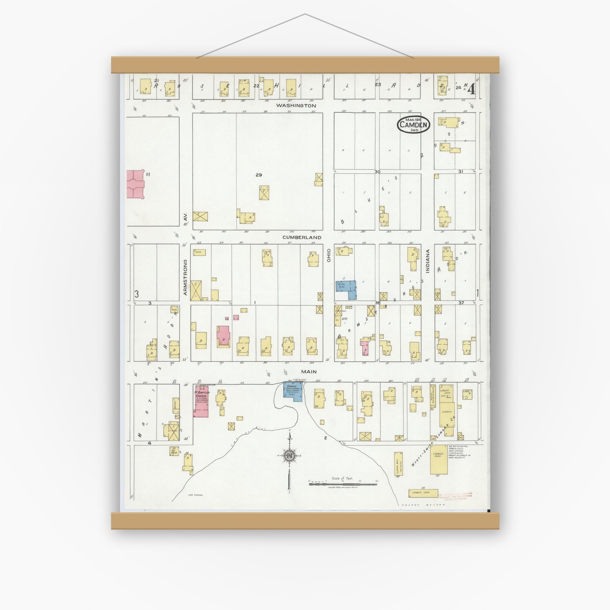 Old map wall art mockup — magnetic wood frame on white wall — Sanborn Fire Insurance Map from Camden, Carroll County, Indiana (1919), Sheet #0004