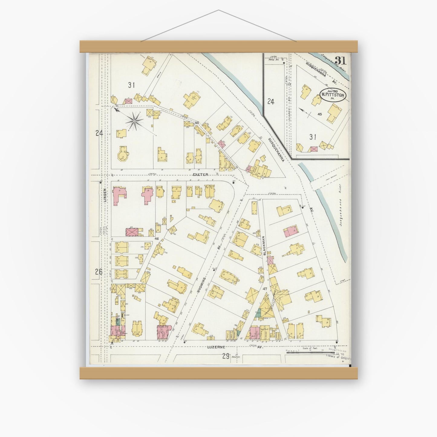 Old map wall art mockup — magnetic wood frame on white wall — Sanborn Fire Insurance Map from Pittston, Luzerne County, Pennsylvania (1903), Sheet #0031