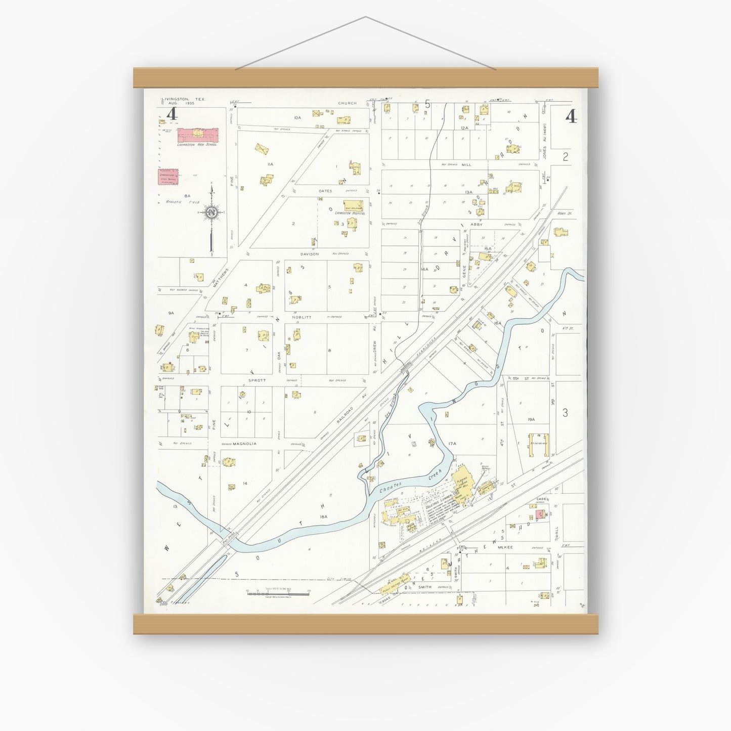 Old map wall art mockup — magnetic wood frame on white wall — Sanborn Fire Insurance Map from Livingston, Polk County, Texas (1935), Sheet #0004
