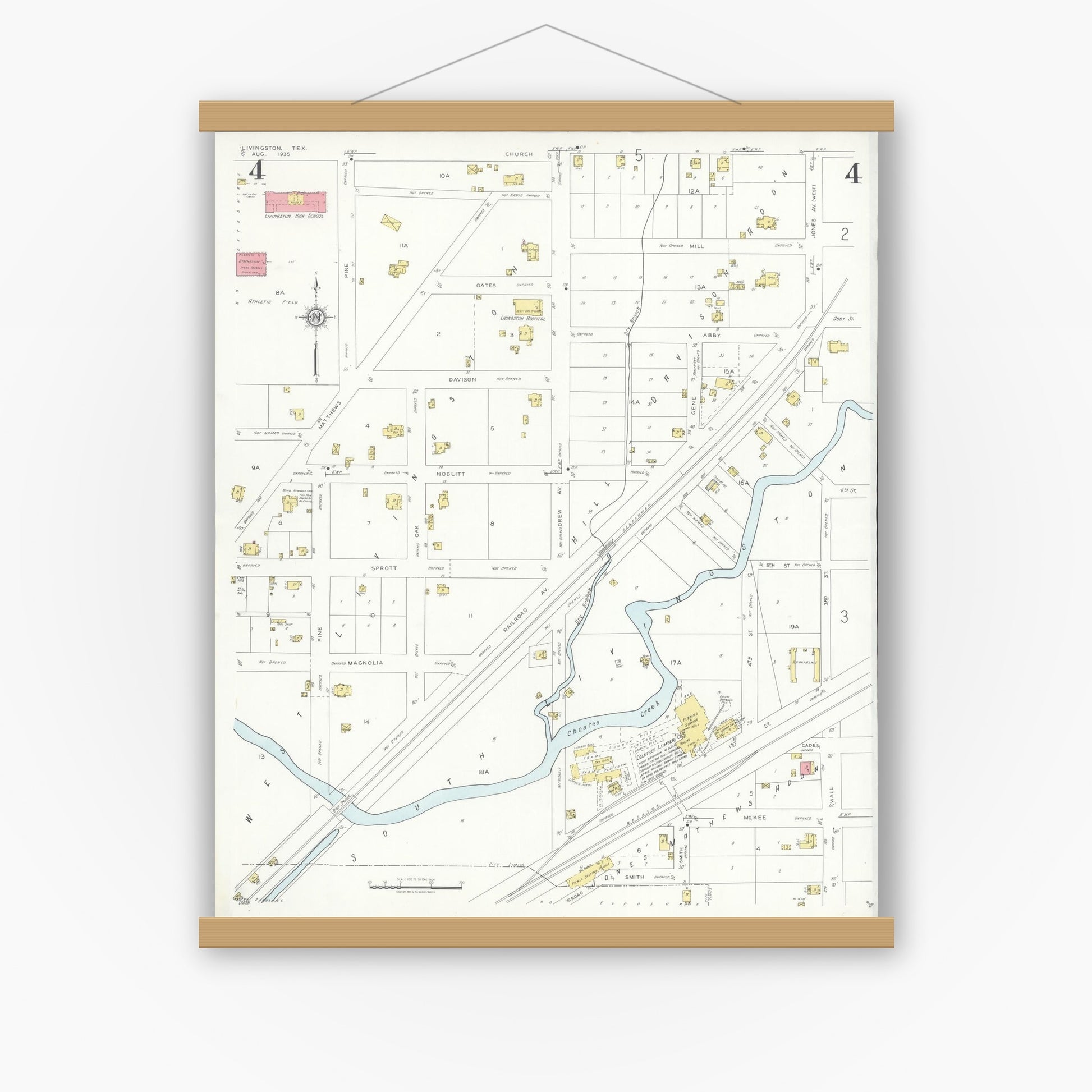 Old map wall art mockup — magnetic wood frame on white wall — Sanborn Fire Insurance Map from Livingston, Polk County, Texas (1935), Sheet #0004
