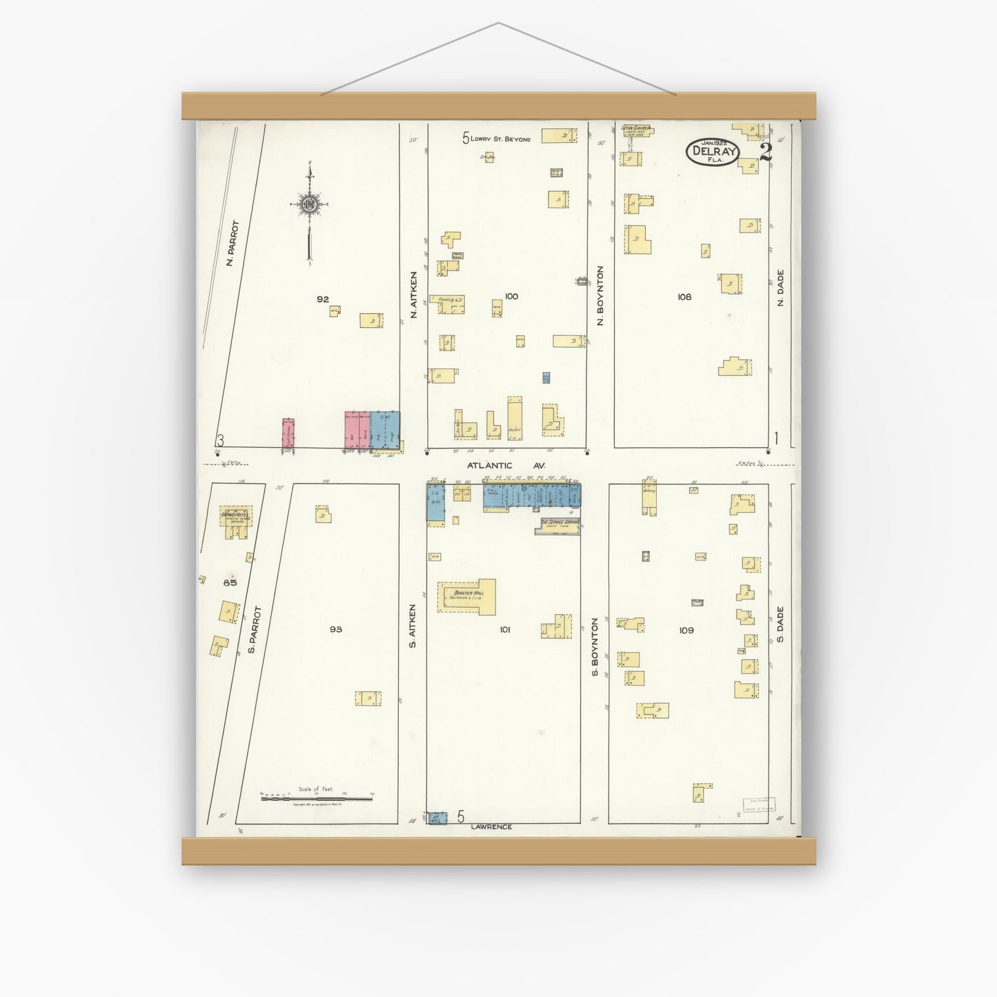 Old map wall art mockup — magnetic wood frame on white wall — Sanborn Fire Insurance Map from Delray, Palm Beach County, Florida (1922), Sheet #0002