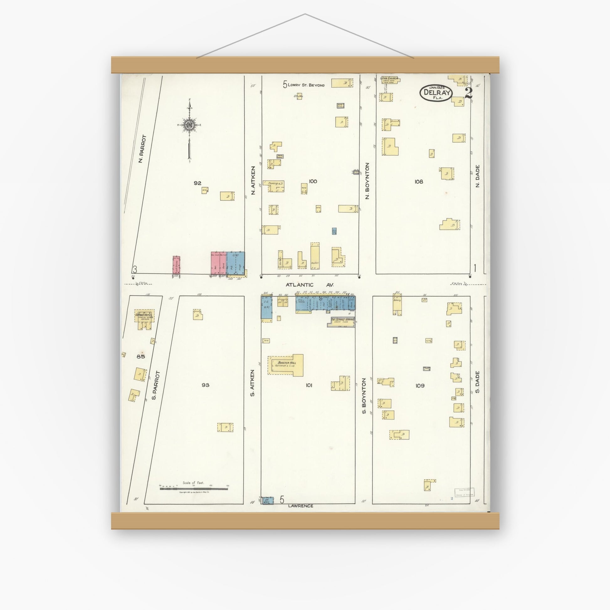 Old map wall art mockup — magnetic wood frame on white wall — Sanborn Fire Insurance Map from Delray, Palm Beach County, Florida (1922), Sheet #0002
