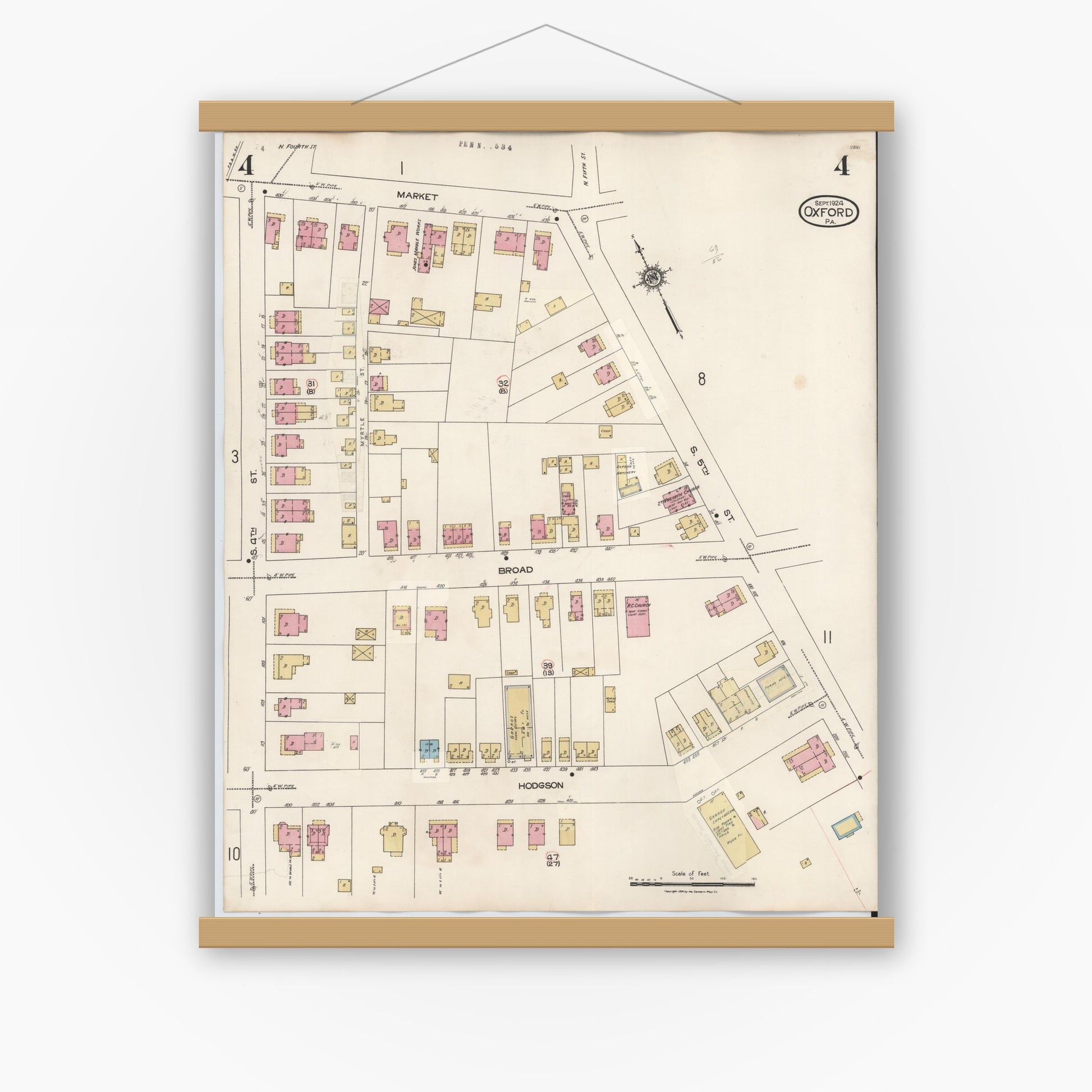 Old map wall art mockup — magnetic wood frame on white wall — Sanborn Fire Insurance Map from Oxford, Chester County, Pennsylvania (1940), Sheet #0004